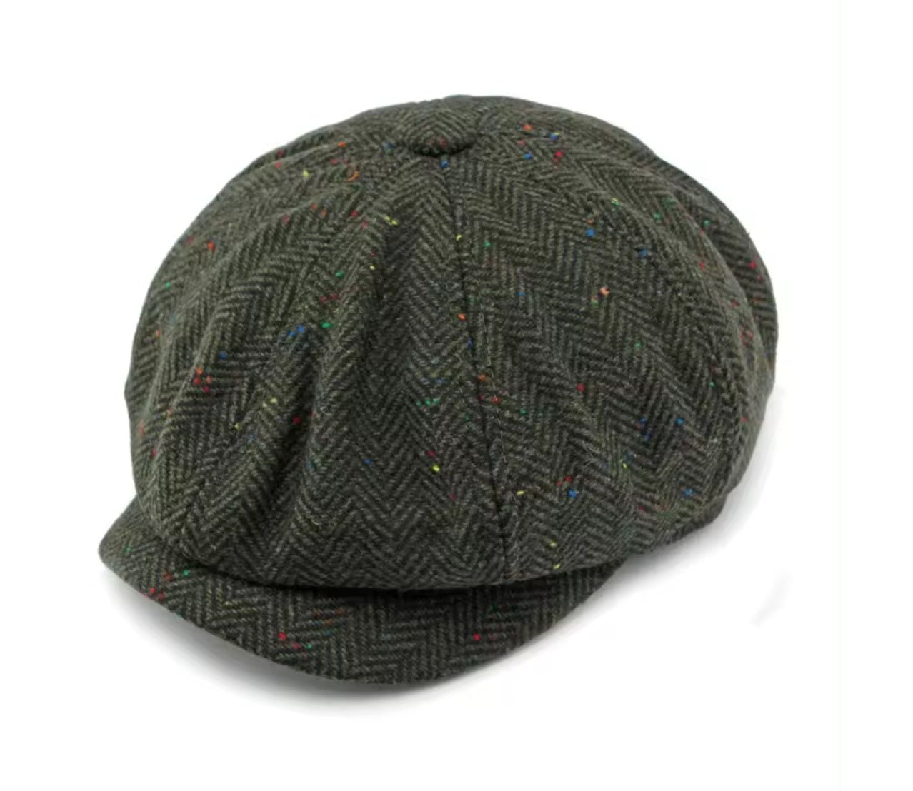 Green herringbone flat cap made from premium wool, featuring a classic design. Perfect for adding a stylish, vintage touch to any outfit. Ideal for men seeking a timeless accessory for casual or formal wear.
