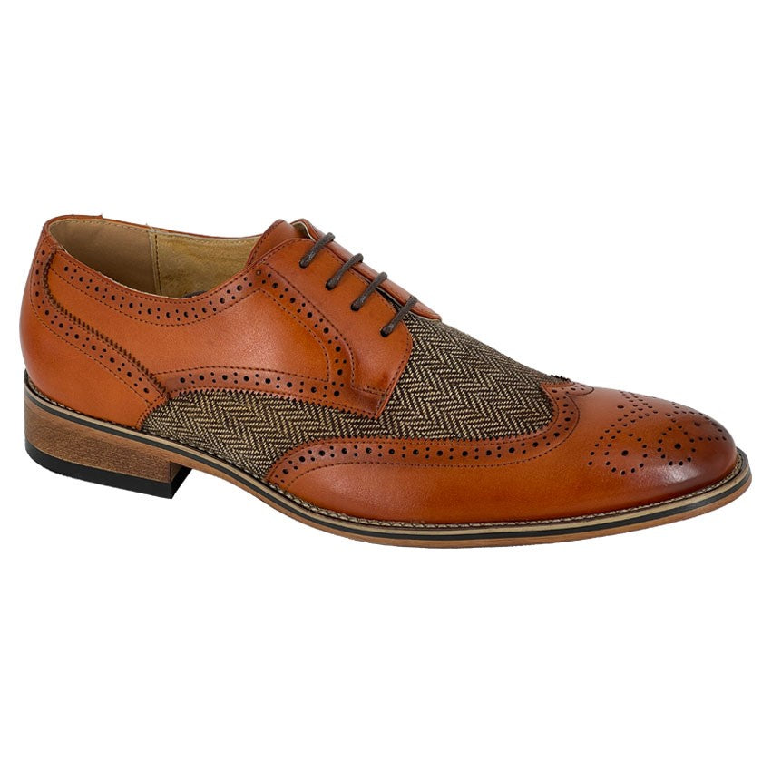 Men's brown leather brogue shoe with herringbone tweed detailing, featuring perforated design and a classic lace-up style. Perfect for formal occasions, weddings, and business attire, offering a stylish and sophisticated look