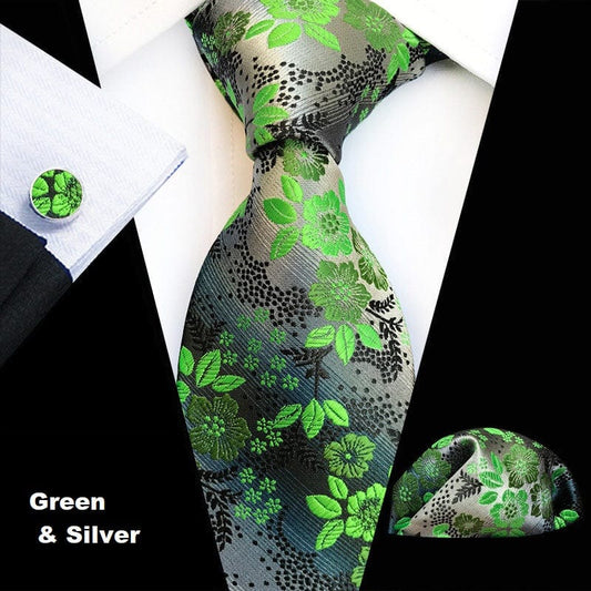 Green & Silver Floral Tie Set