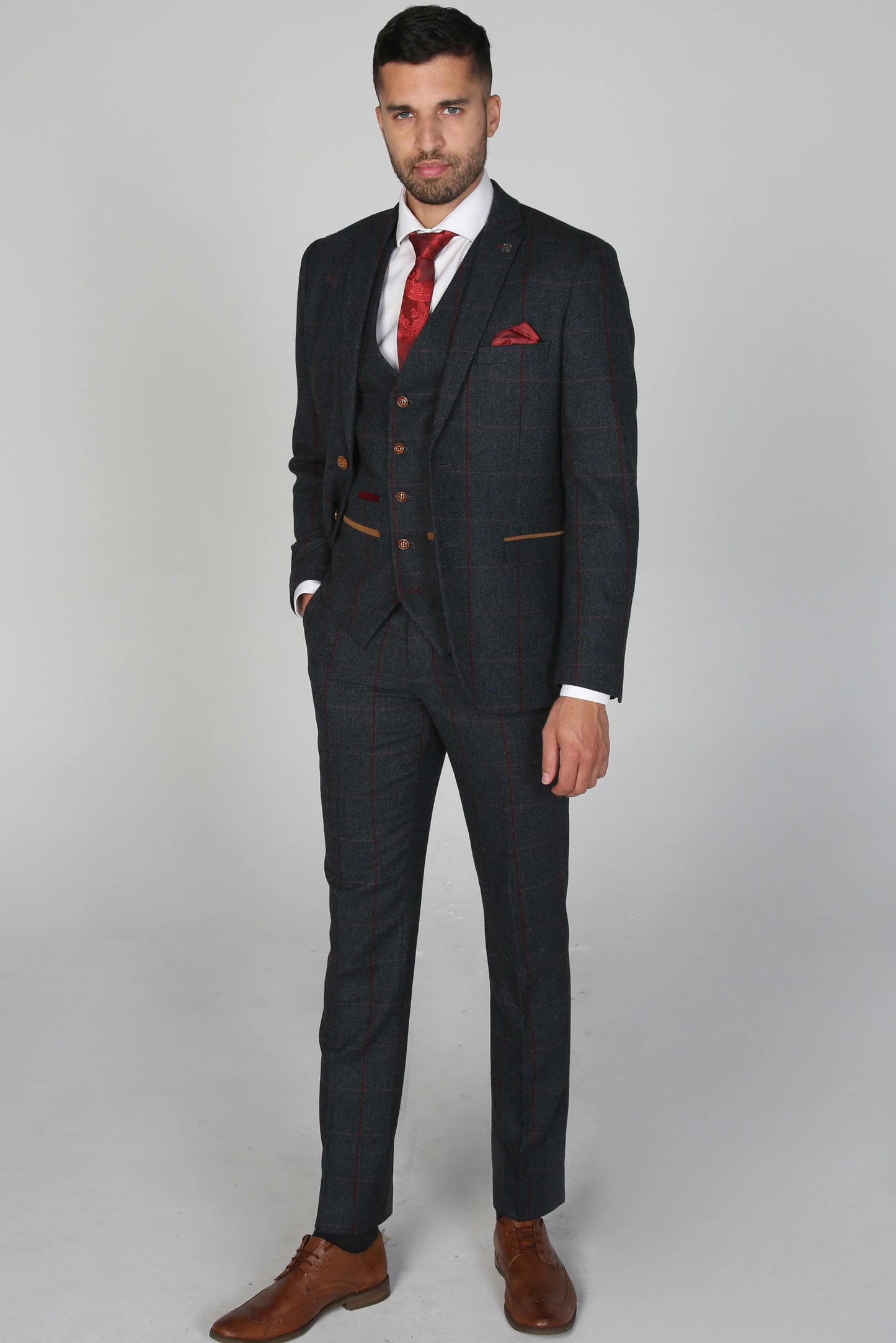 Paul Andrew Madrid Charcoal Check Three Piece Suit