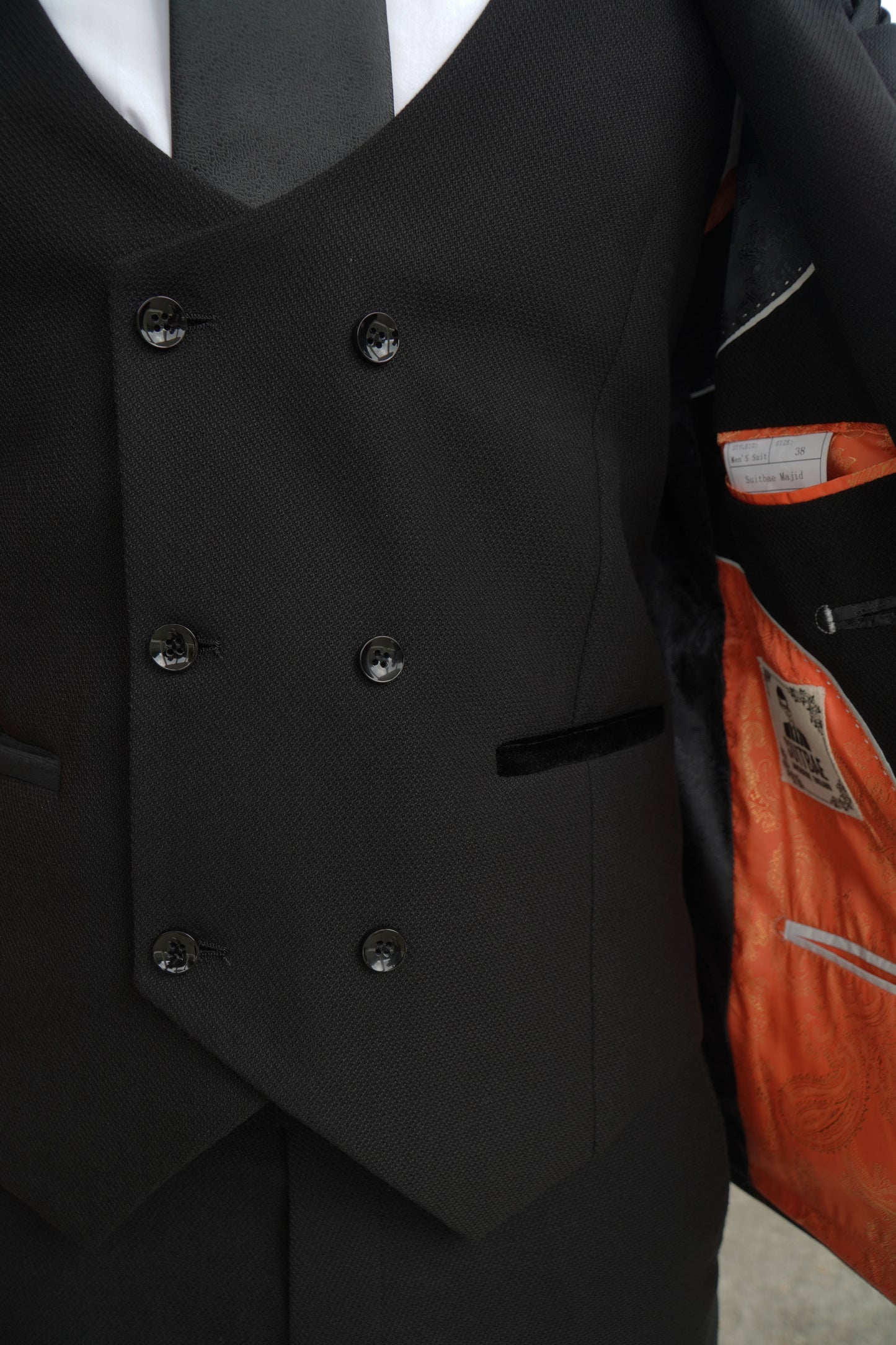 Majid Black Textured Three Piece Suit