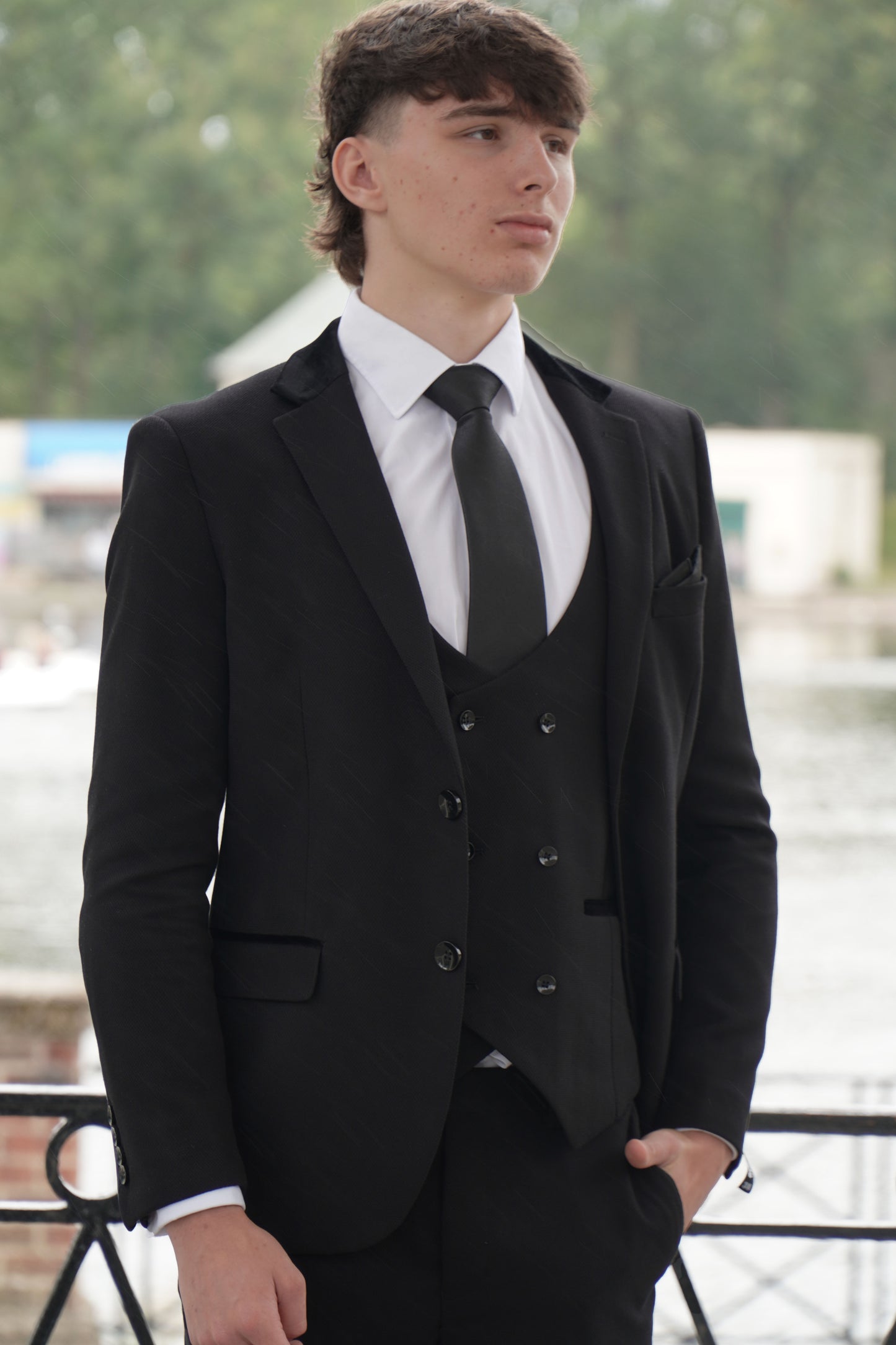 Majid Black Textured Three Piece Suit