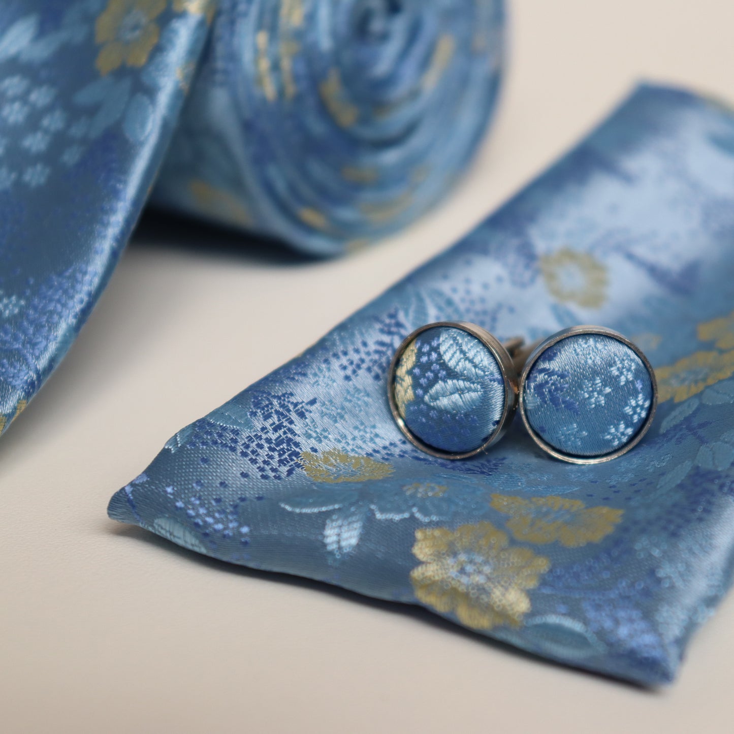 Light Sky Baby Blue Floral Tie Set
