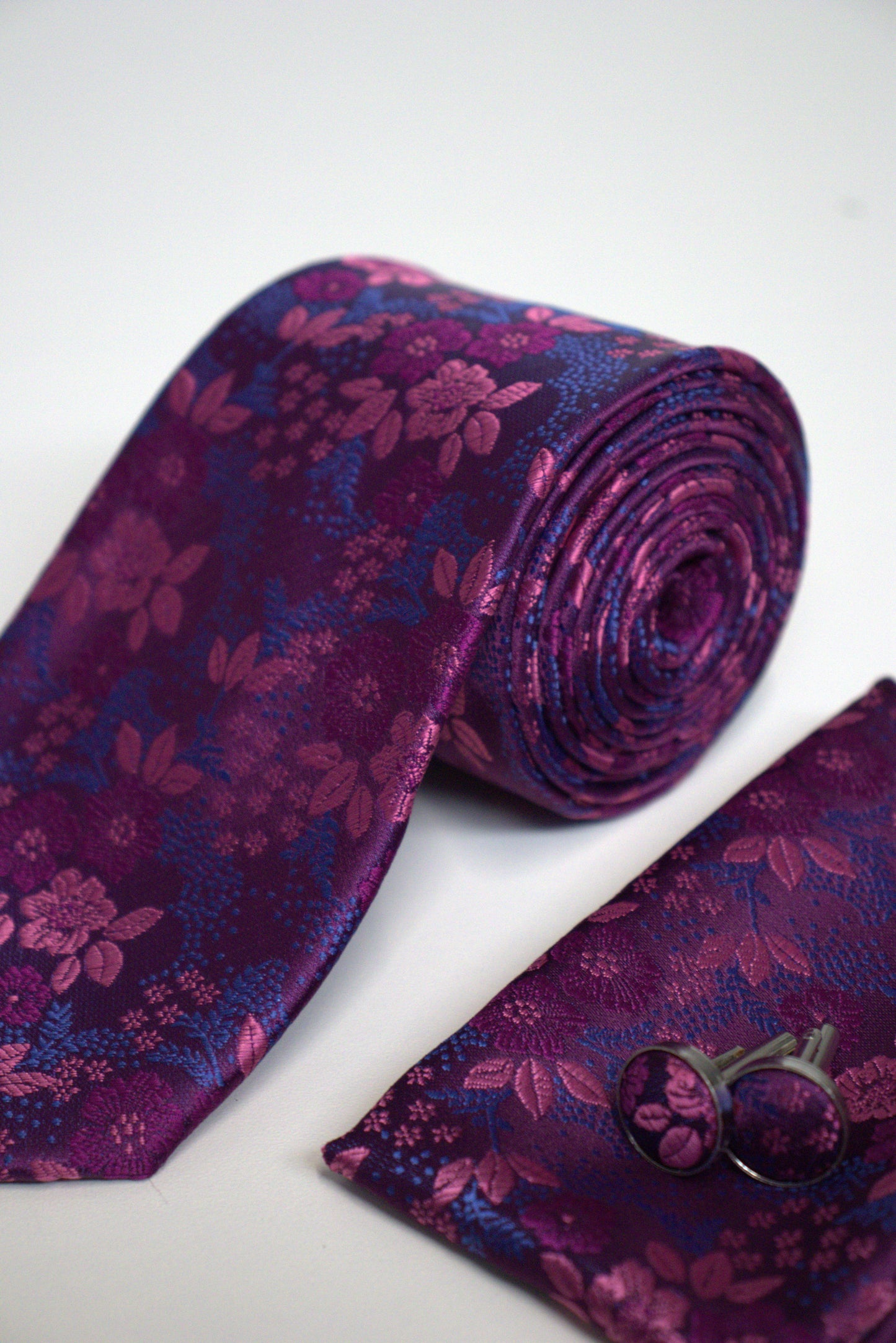 Vivid Violet Purple, Pink & Blue Floral Tie Set