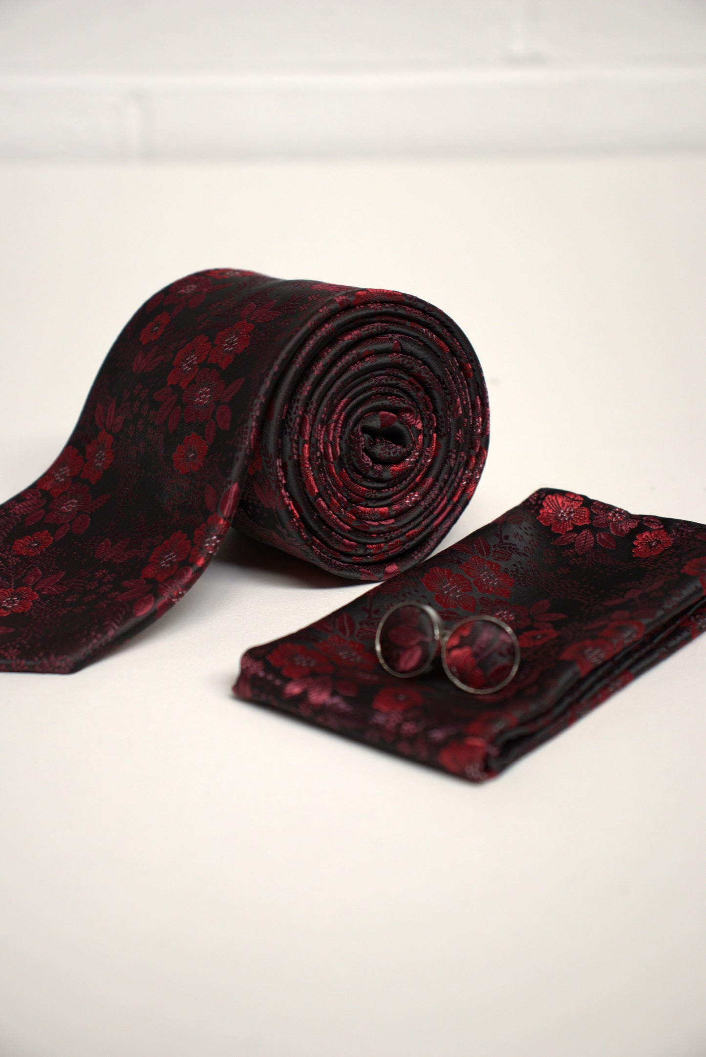 Dark Red Vivid Floral Tie Set