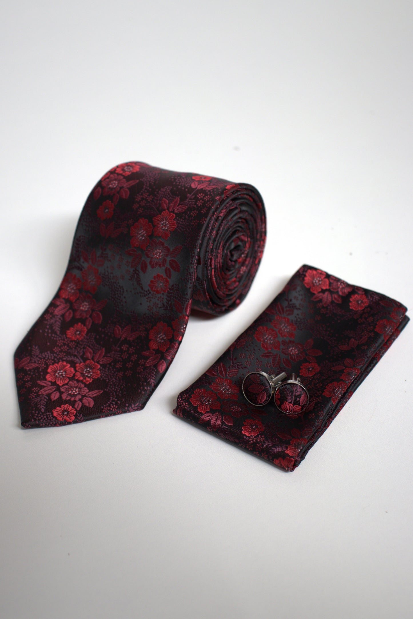 Dark Red Vivid Floral Tie Set