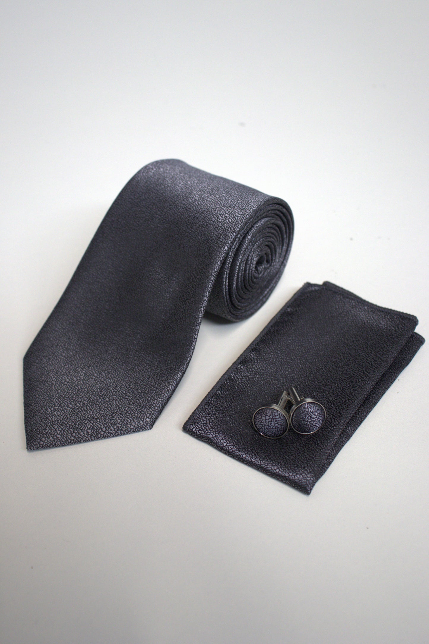 Charcoal Metallic Silver / Grey Textured Tie Set