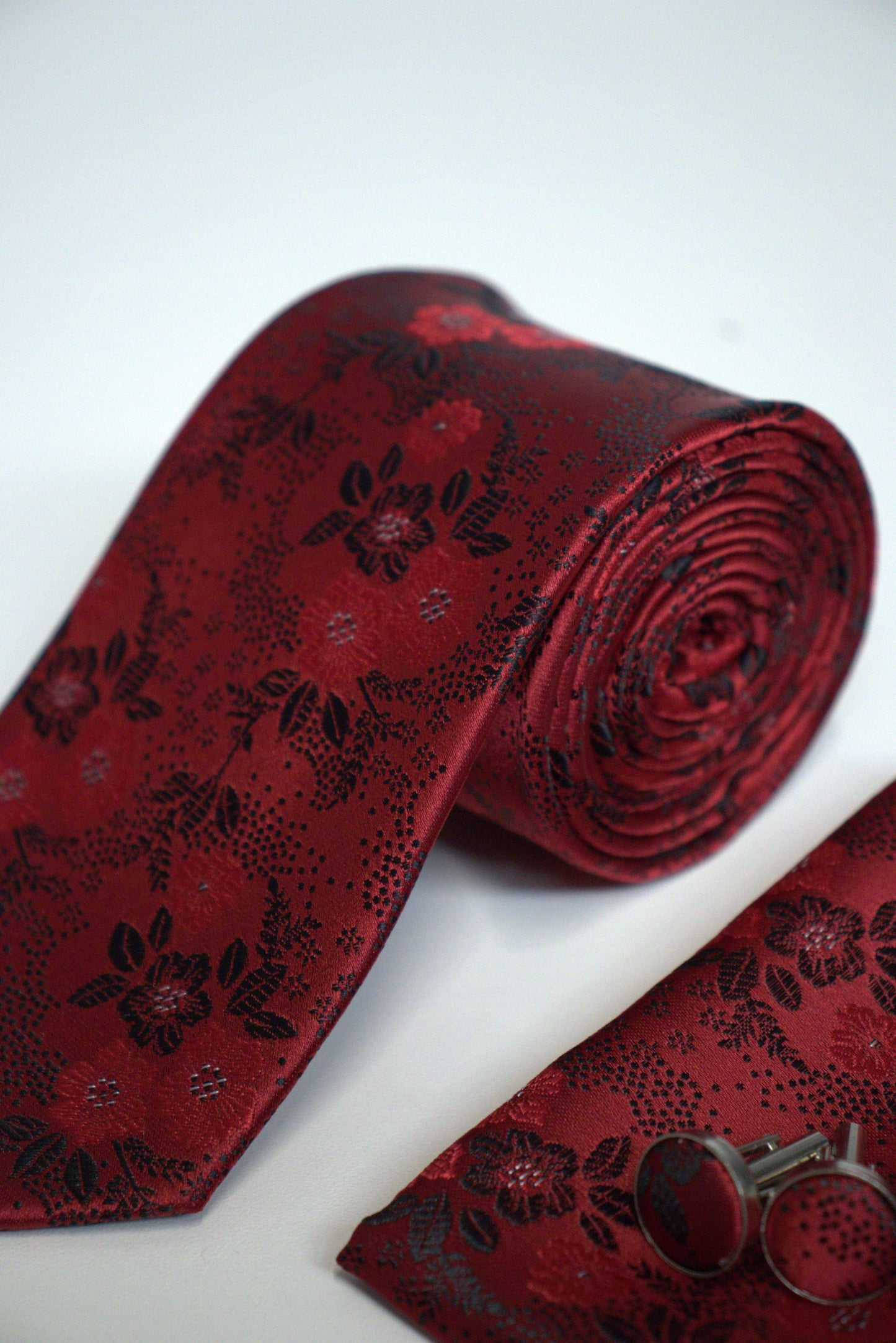 Vivid Red Floral Tie Set