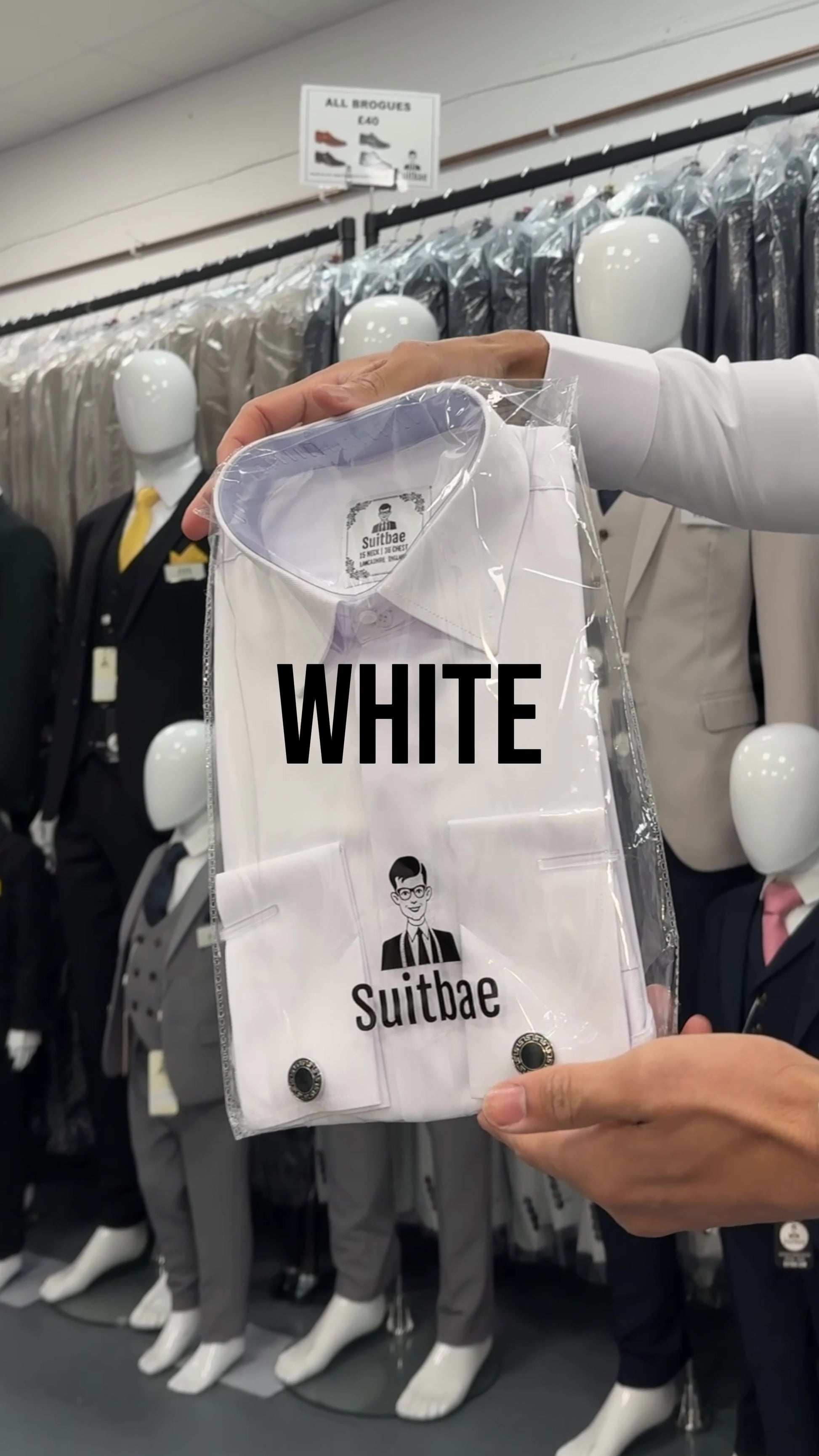 A close-up video showcasing Suitbae’s stretch-fit cufflink shirts, designed for a sleek, tailored look with added comfort. The shirts come with cufflinks and are available in six colours: crisp white, soft pink, elegant lilac, classic black, stylish blue, and deep navy. Perfect for formal occasions or professional wear.