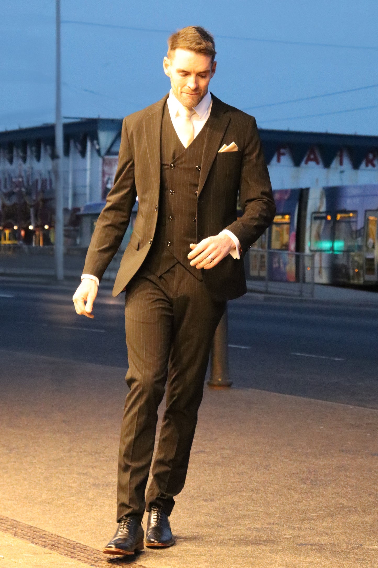 BLACK PINSTRIPE THREE PIECE SUIT