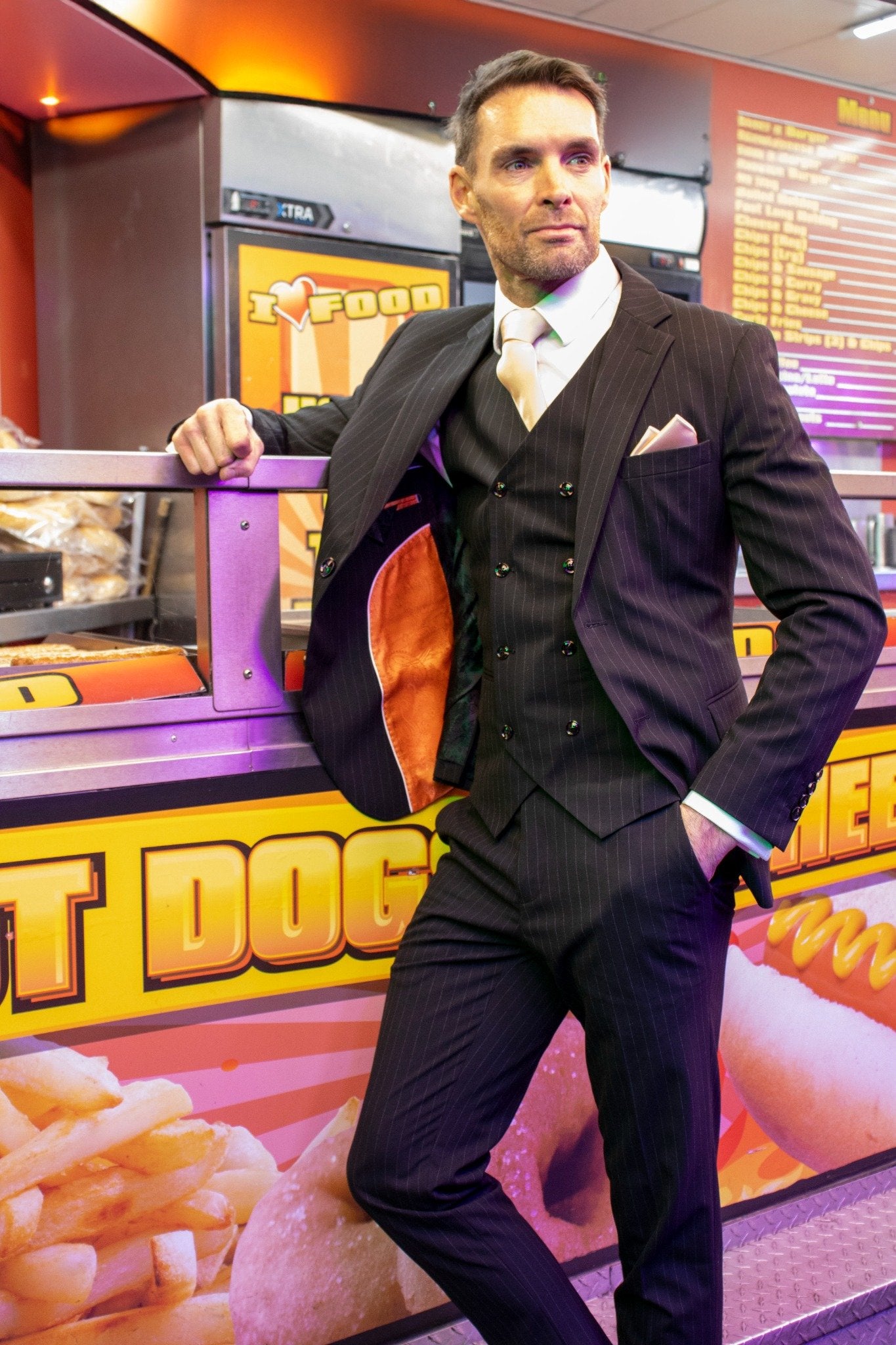 BLACK PINSTRIPE THREE PIECE SUIT