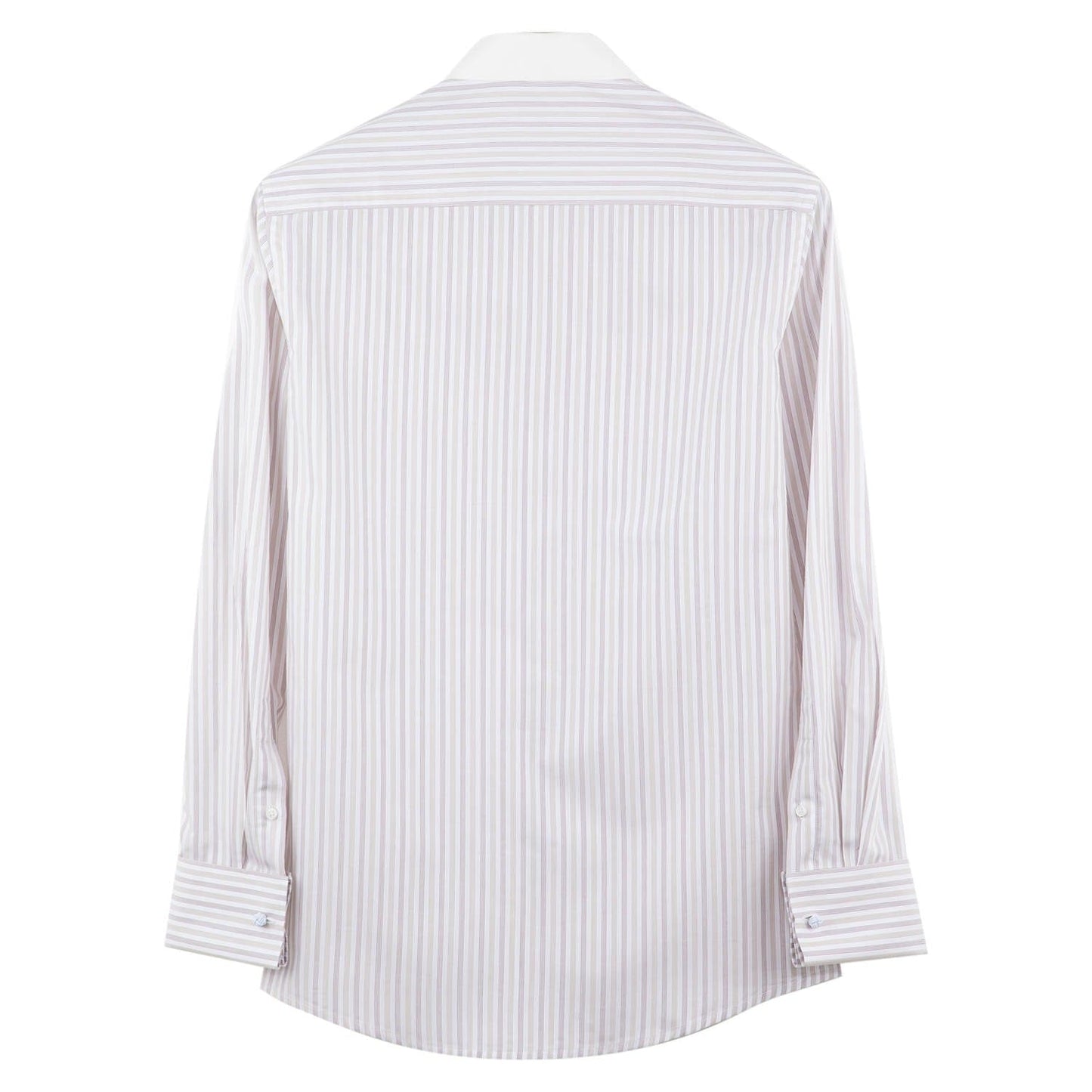 full back view of beige pinstripe doublecuff shirt