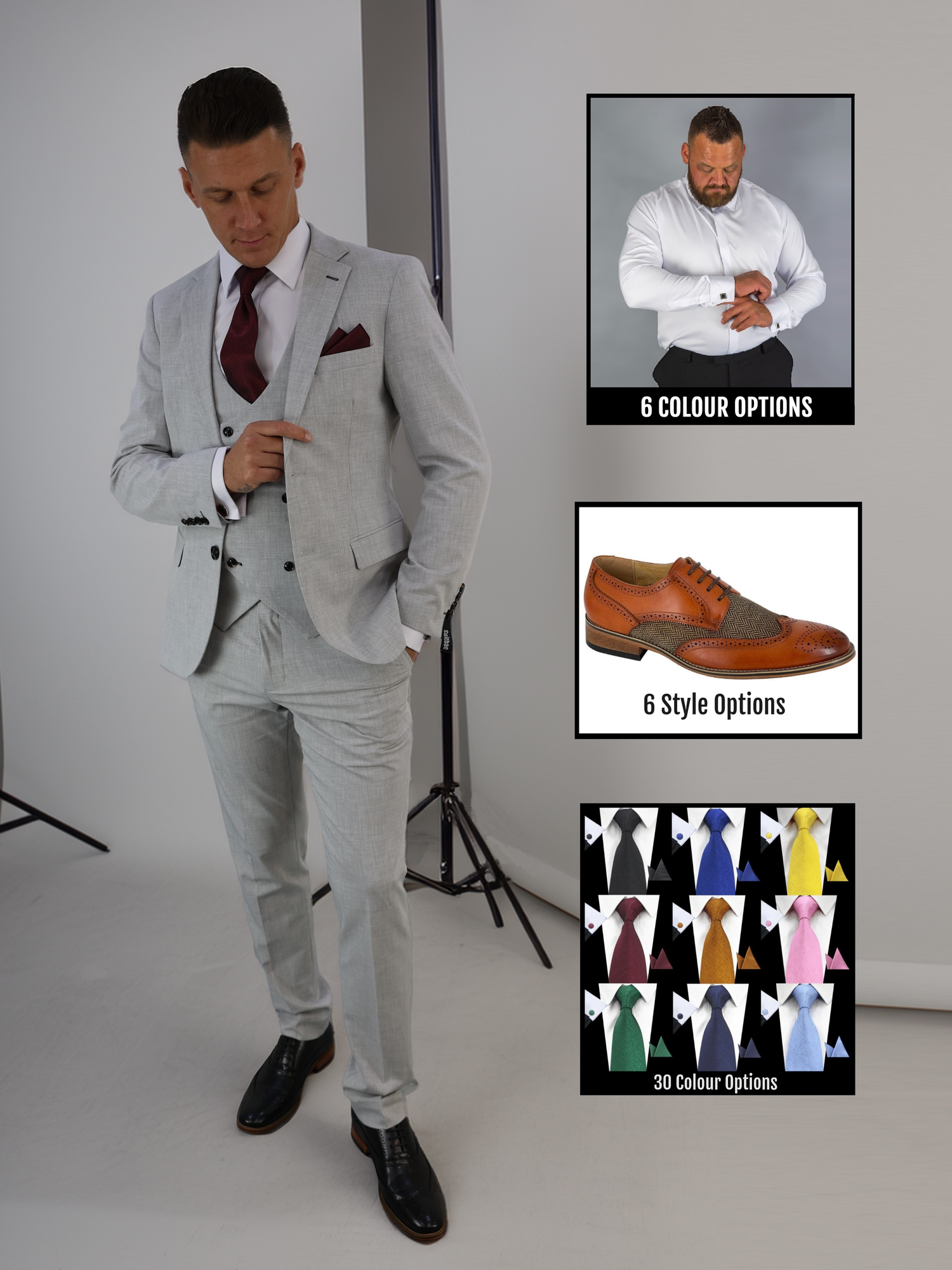 Shelby wedding package featuring matching groomsmen suits, shirts, shoes, and ties. Classic grey three-piece suits tailored for a stylish and cohesive look, perfect for weddings. Multibuy discounts available.
