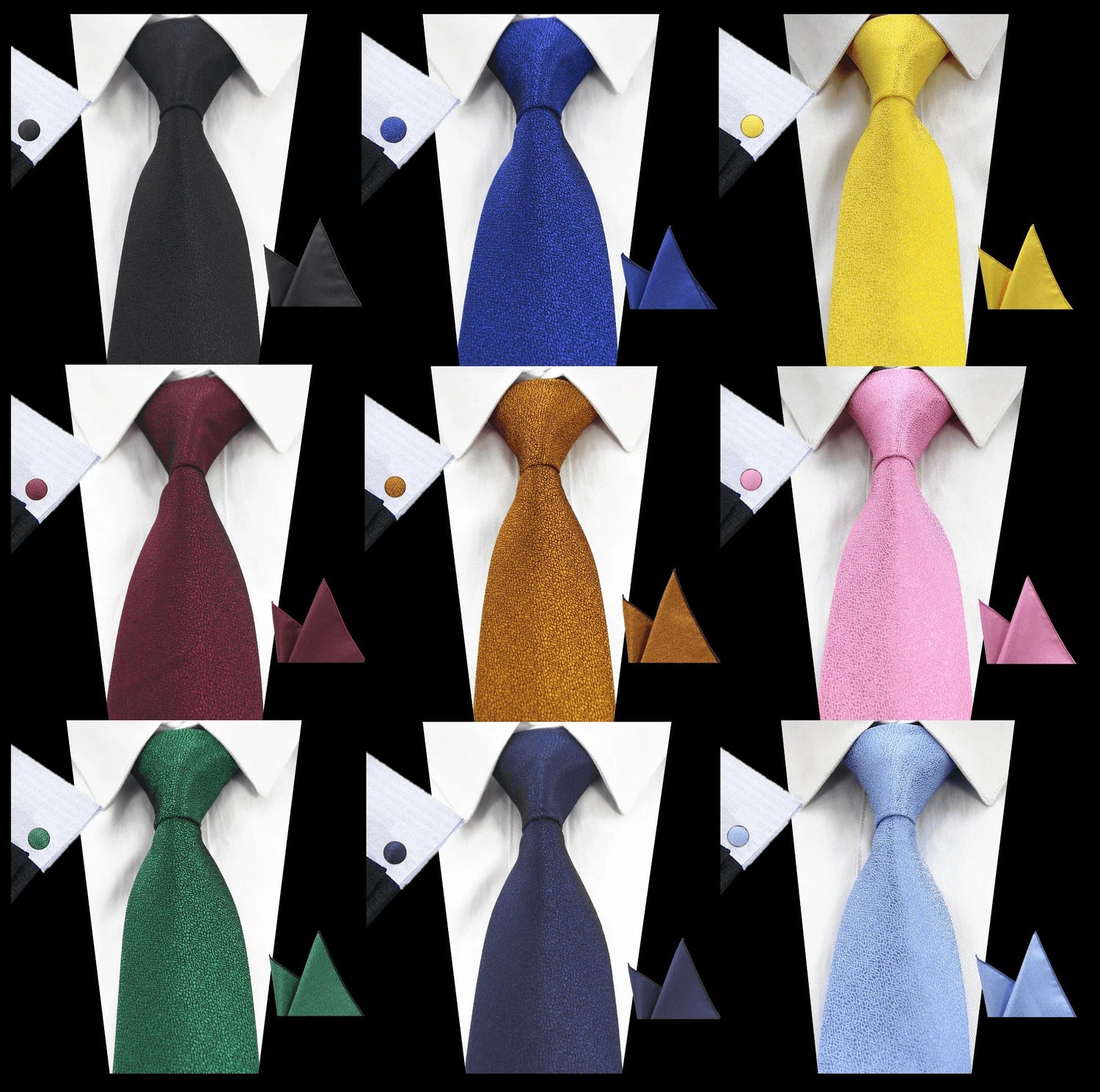Collection of colorful men's ties displayed in nine different colors: black, blue, yellow, maroon, gold, pink, green, navy, and light blue. Each tie is paired with a matching pocket square and cufflinks, showcased on white dress shirts.