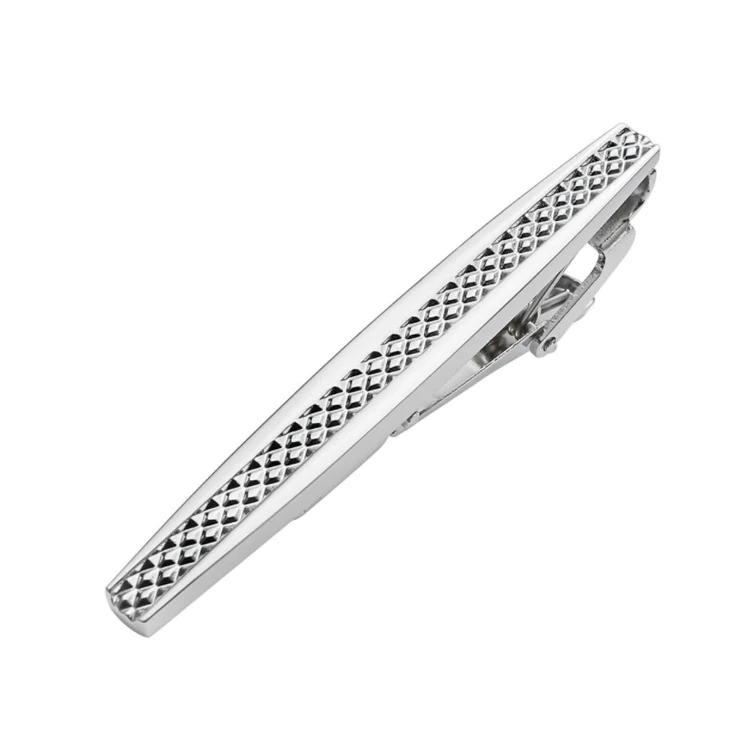 Silver tie clip with a textured diamond pattern, perfect for adding a touch of elegance to formal and business attire. Ideal for securing a tie in place while offering a sleek, stylish look.