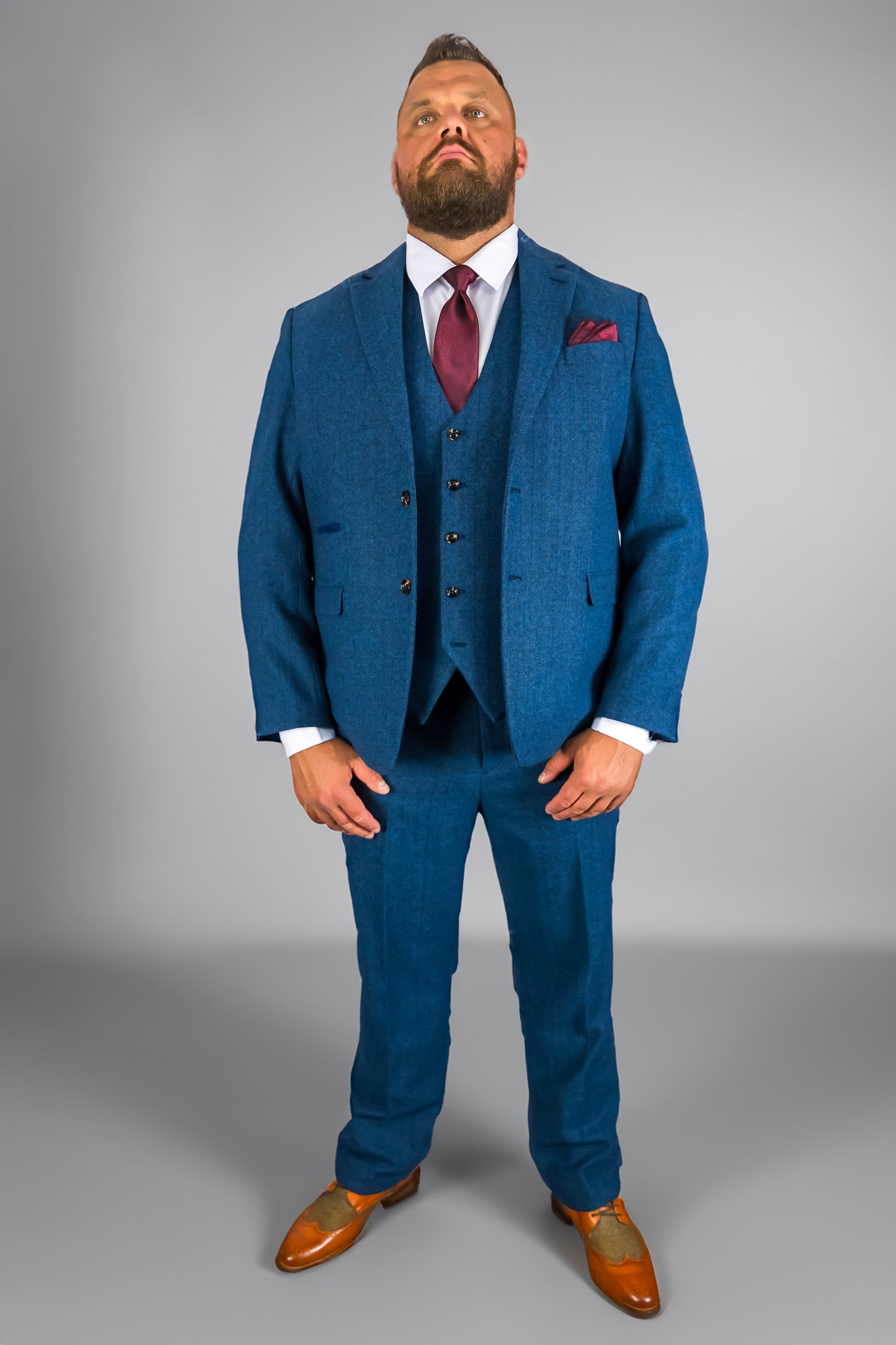 Blue Herringbone Three Piece Suit