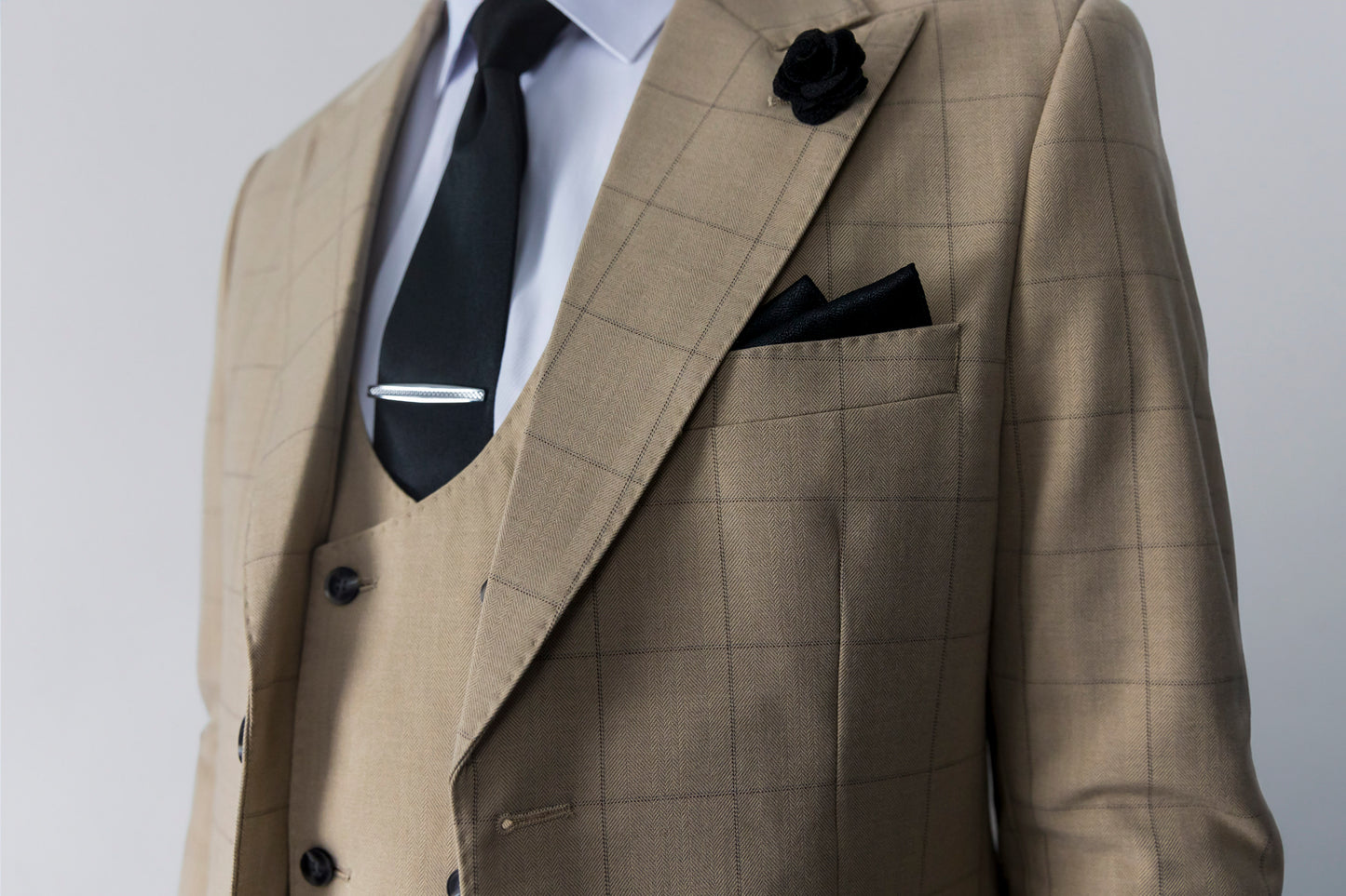 Beige Check 100% Wool Three Piece Suit