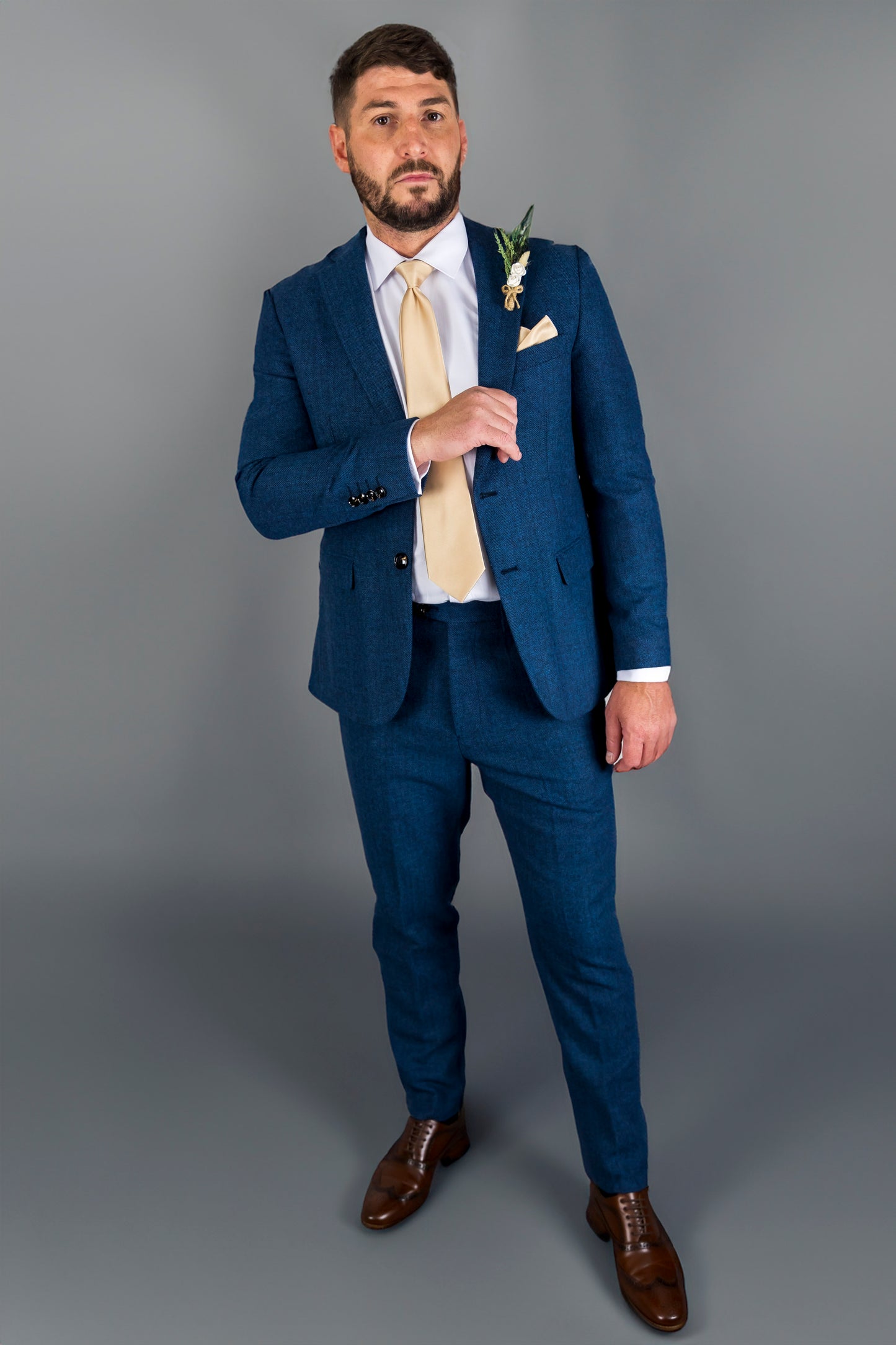 Blue Herringbone Three Piece Suit