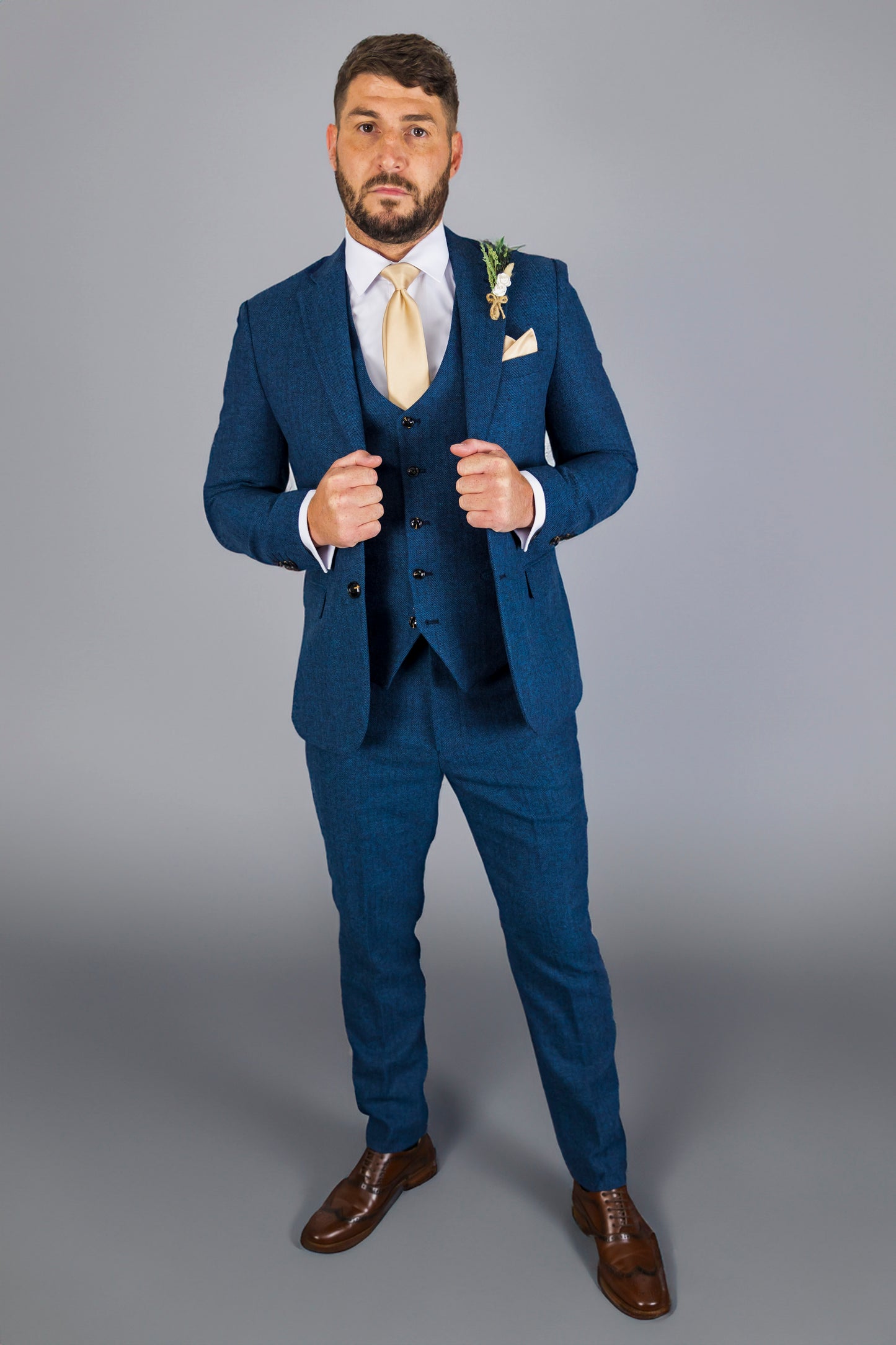 Blue Herringbone Three Piece Suit