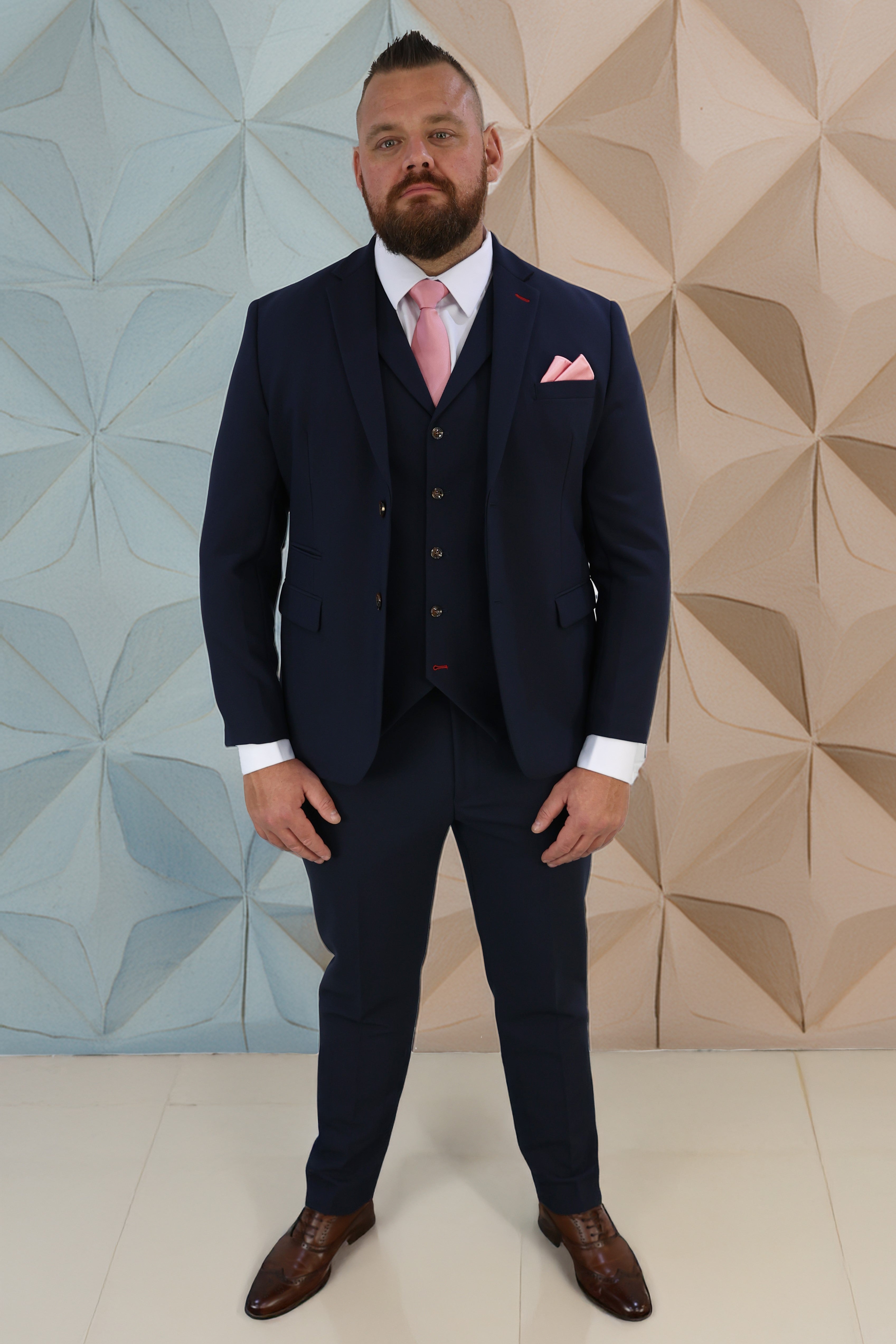 SUITBAE Lawrence Navy Three-Piece Suit styled for a big and tall groom in 2026.