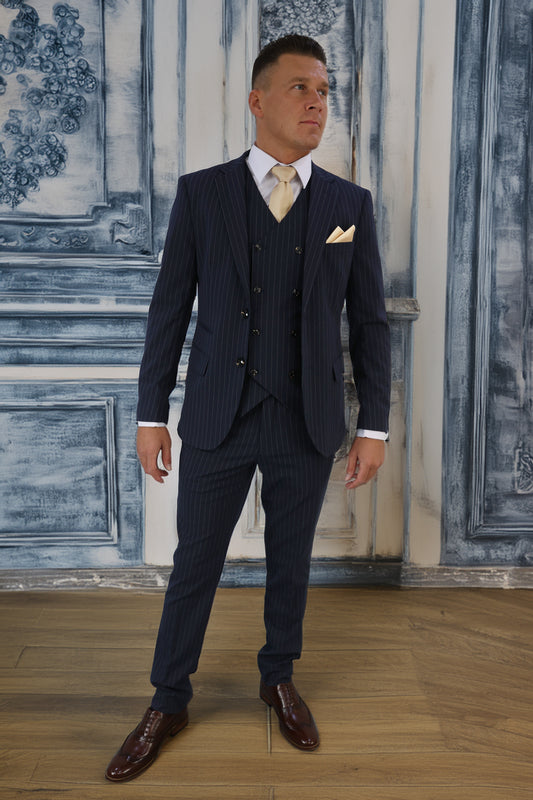 Navy Pinstripe Three Piece Suit