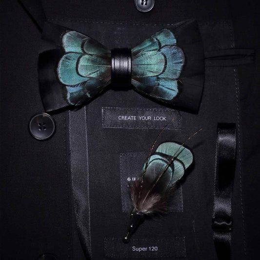 Peacock Blue and Black Feather Bow Tie