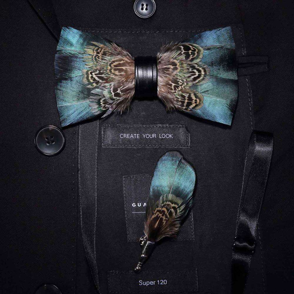 Peacock Blue and Brown Feather Bow Tie