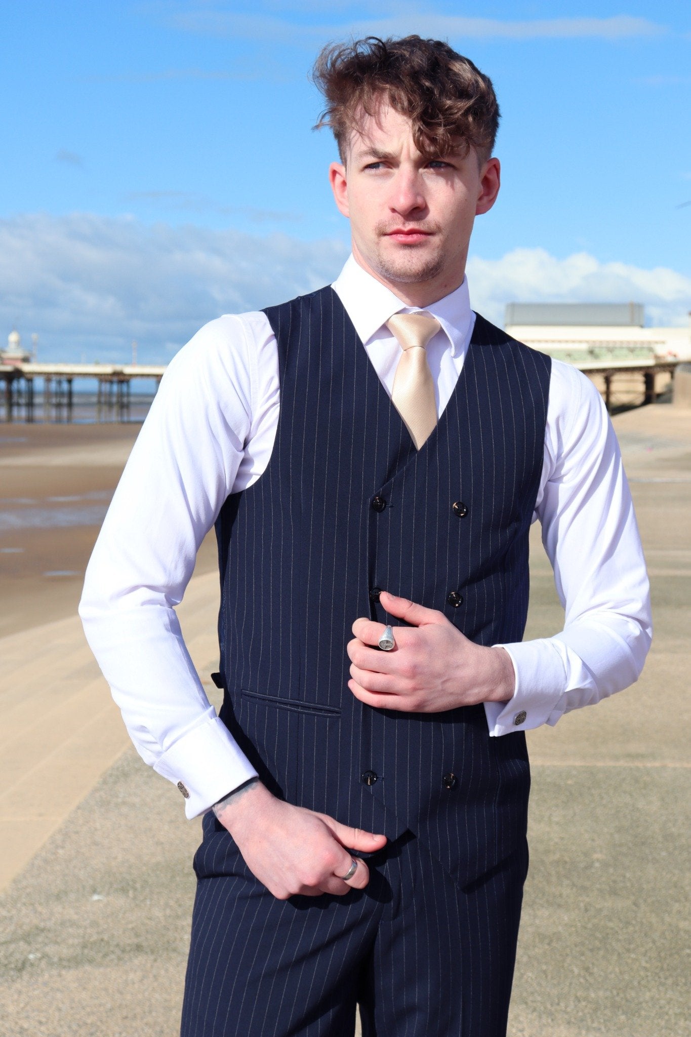 Navy Pinstripe Three-Piece Suit – Modern Elegance and All-Day