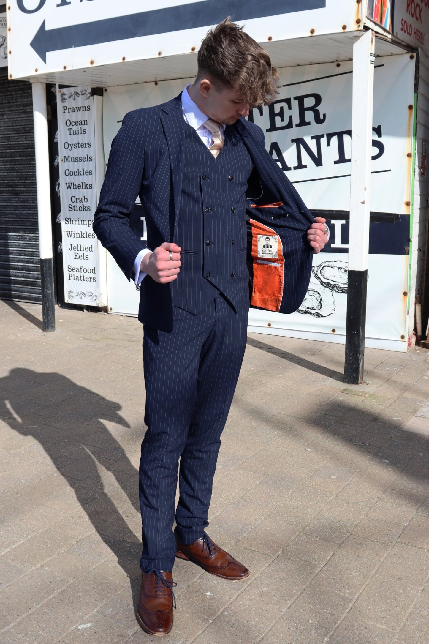Navy Pinstripe Three Piece Suit