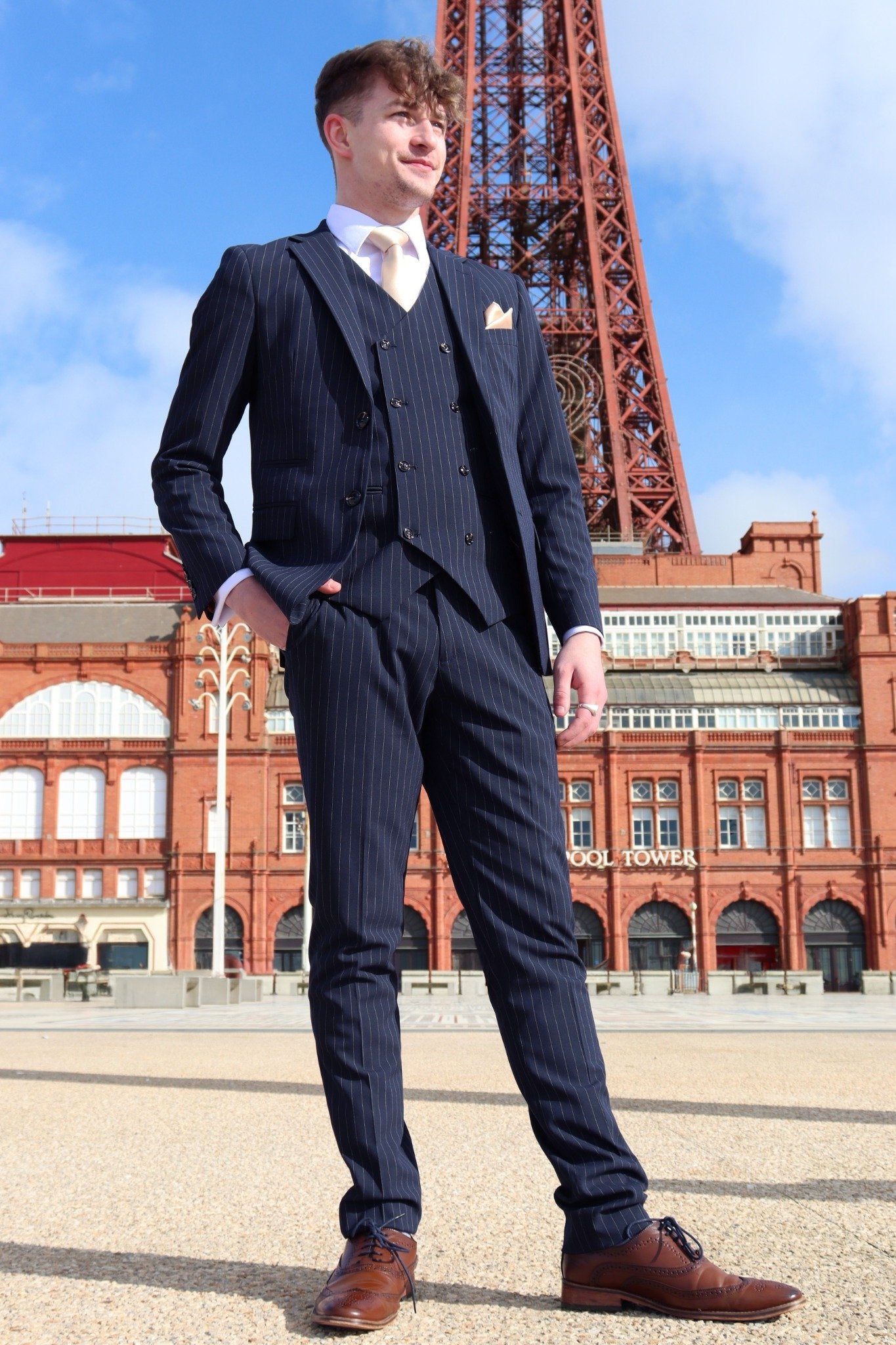 Navy Pinstripe Three-Piece Suit – Modern Elegance and All-Day