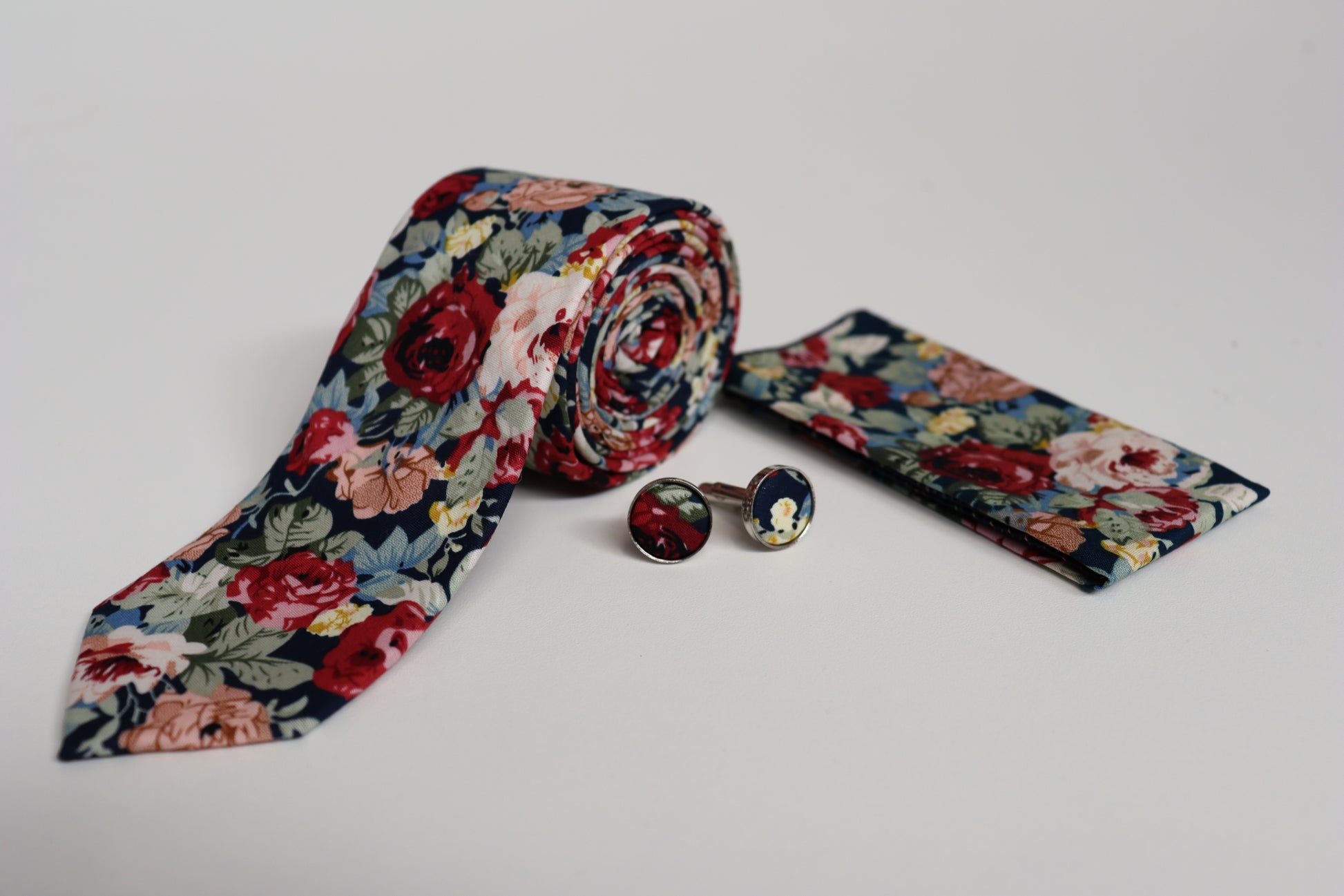 Navy multicolour floral tie gift set including cufflinks and pocket square, perfect for groomsmen, prom and race day outfits