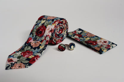 Navy multicolour floral tie gift set including cufflinks and pocket square, perfect for groomsmen, prom and race day outfits