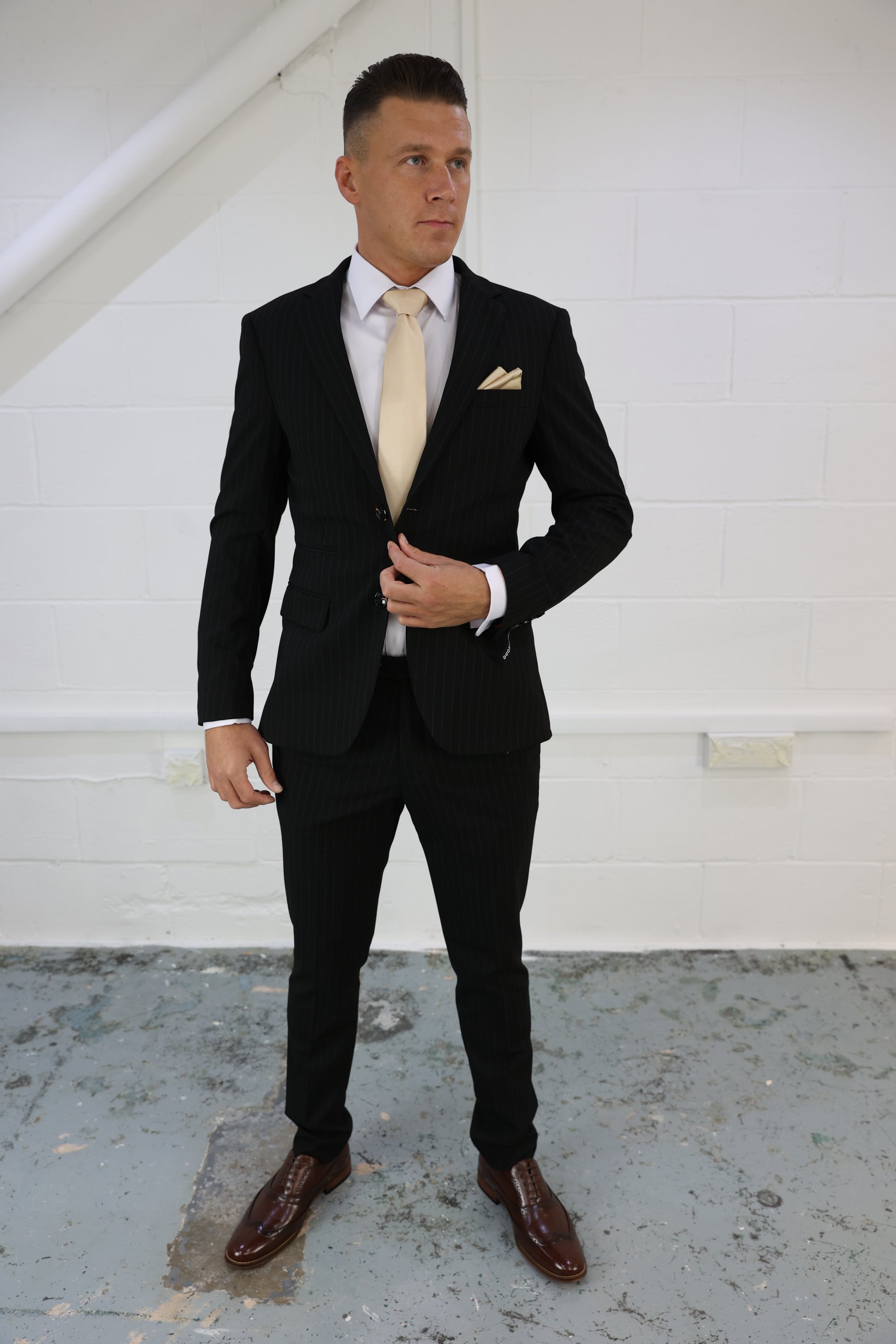 Black Pinstripe Two Piece Suit – Blazer Trousers with Modern