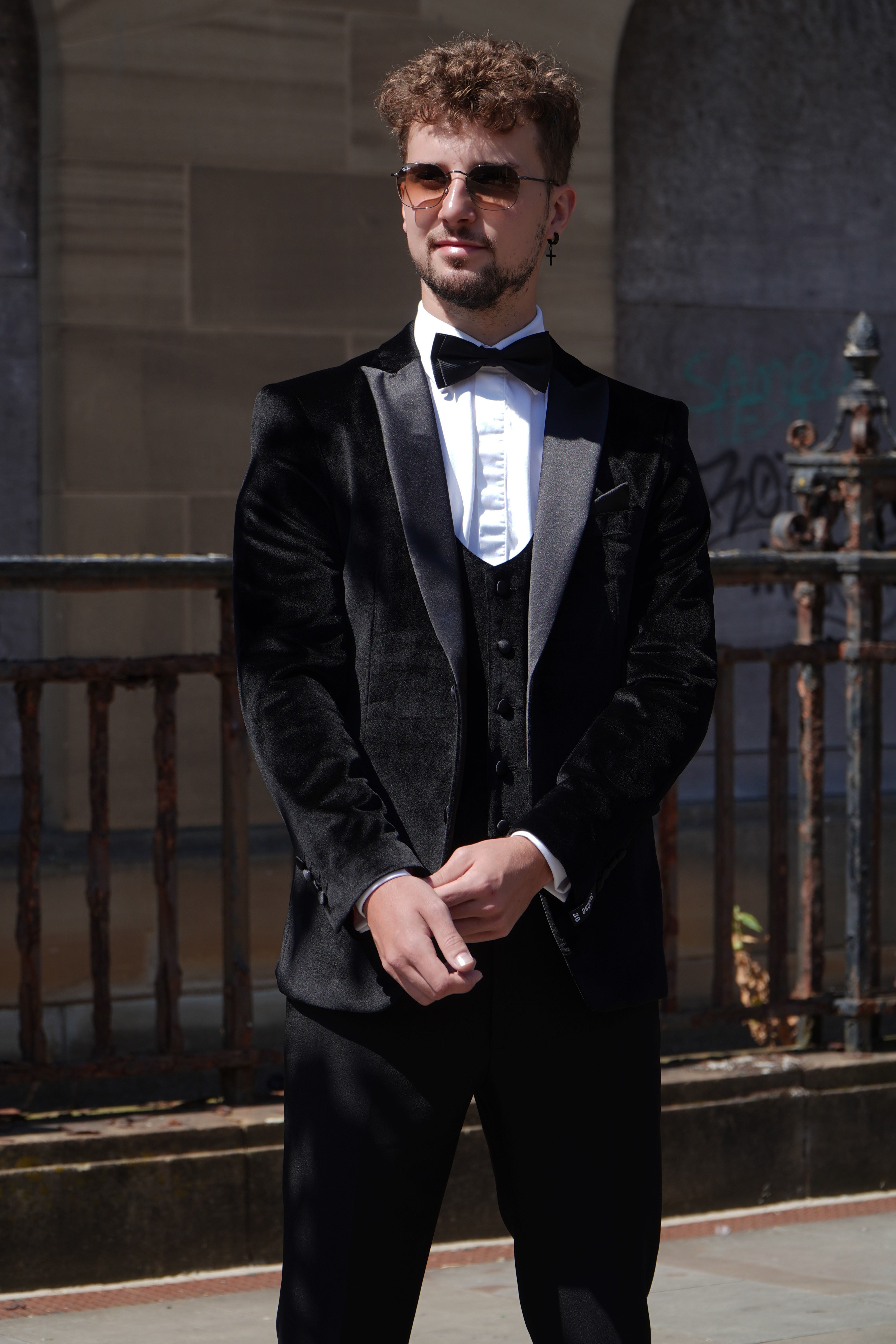 Black Velvet Tuxedo with Horseshoe Waistcoat worn open for a premium evening look