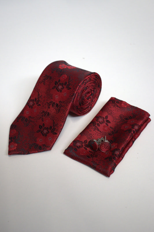 Vivid Red Floral Tie Set