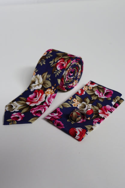 Navy Rose Garden Cotton Tie Set