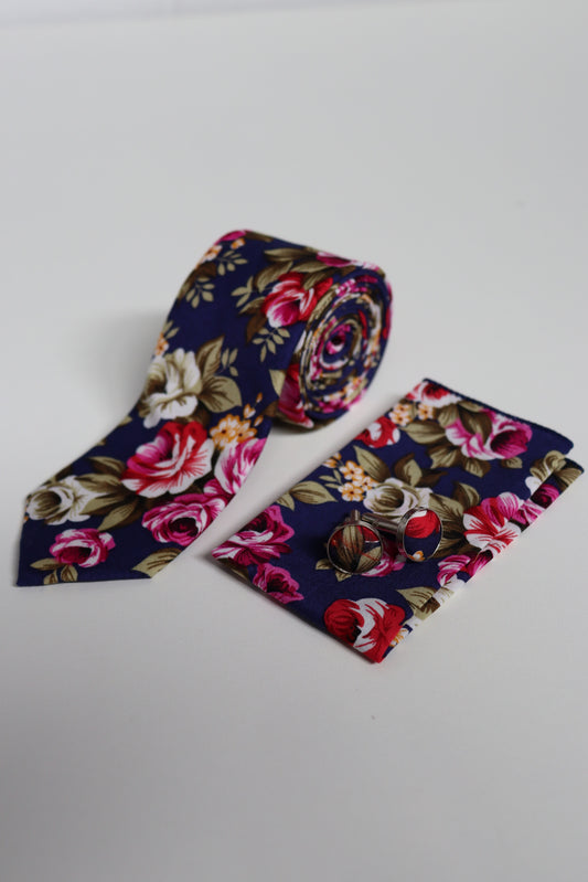 Navy Rose Garden Cotton Tie Set