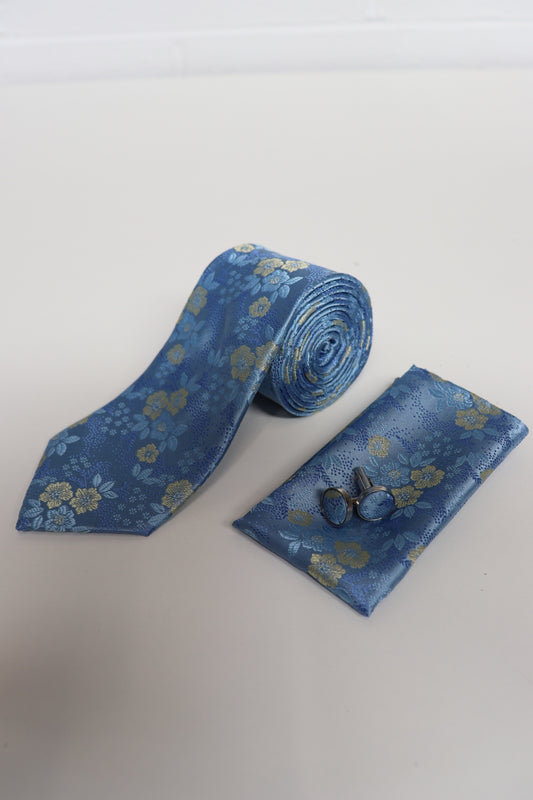 Light Sky Baby Blue Floral Tie Set
