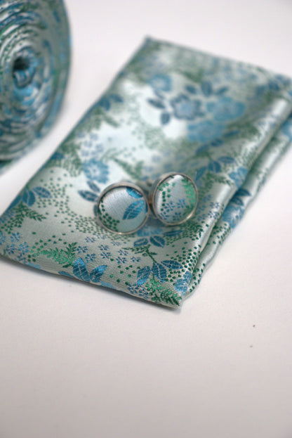 Vivid Turquoise / Cyan Floral Tie Set