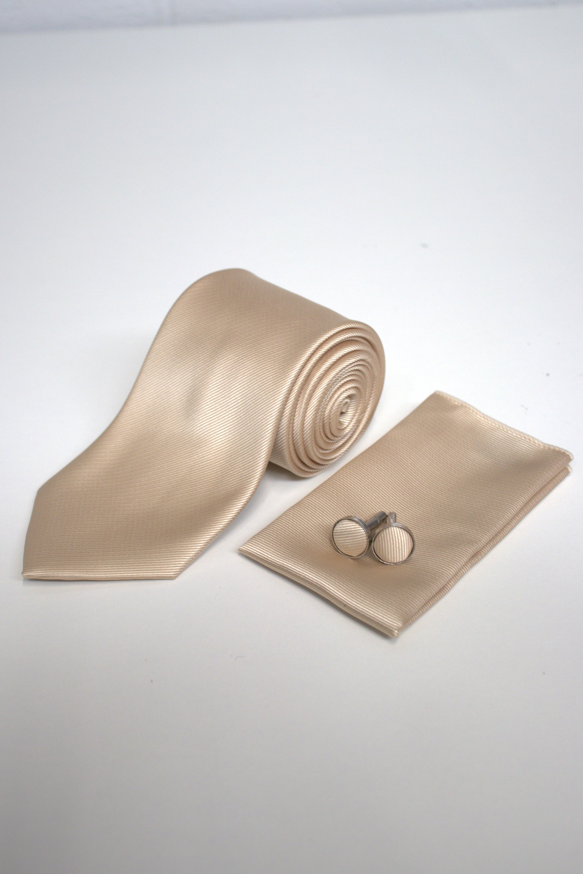 Champagne ivory satin tie set with matching pocket square and cufflinks, men’s accessories for weddings, proms and the races
