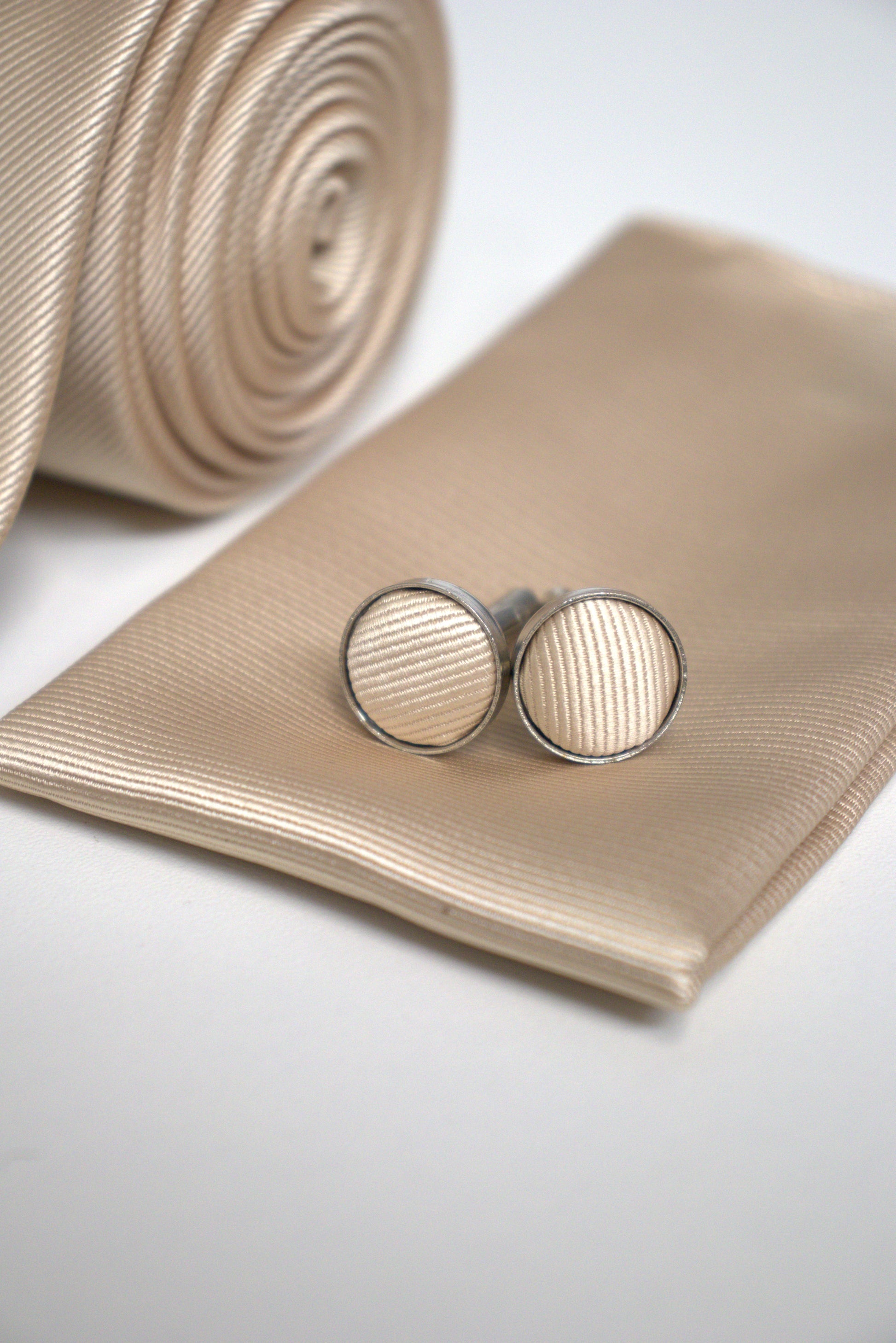Champagne ivory tie set with satin finish cufflinks and pocket square, stylish groomsmen accessories for weddings, proms and race days