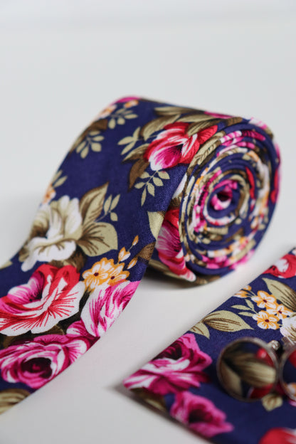Navy Rose Garden Cotton Tie Set
