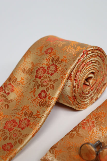 Vivid Orange Floral Tie Set