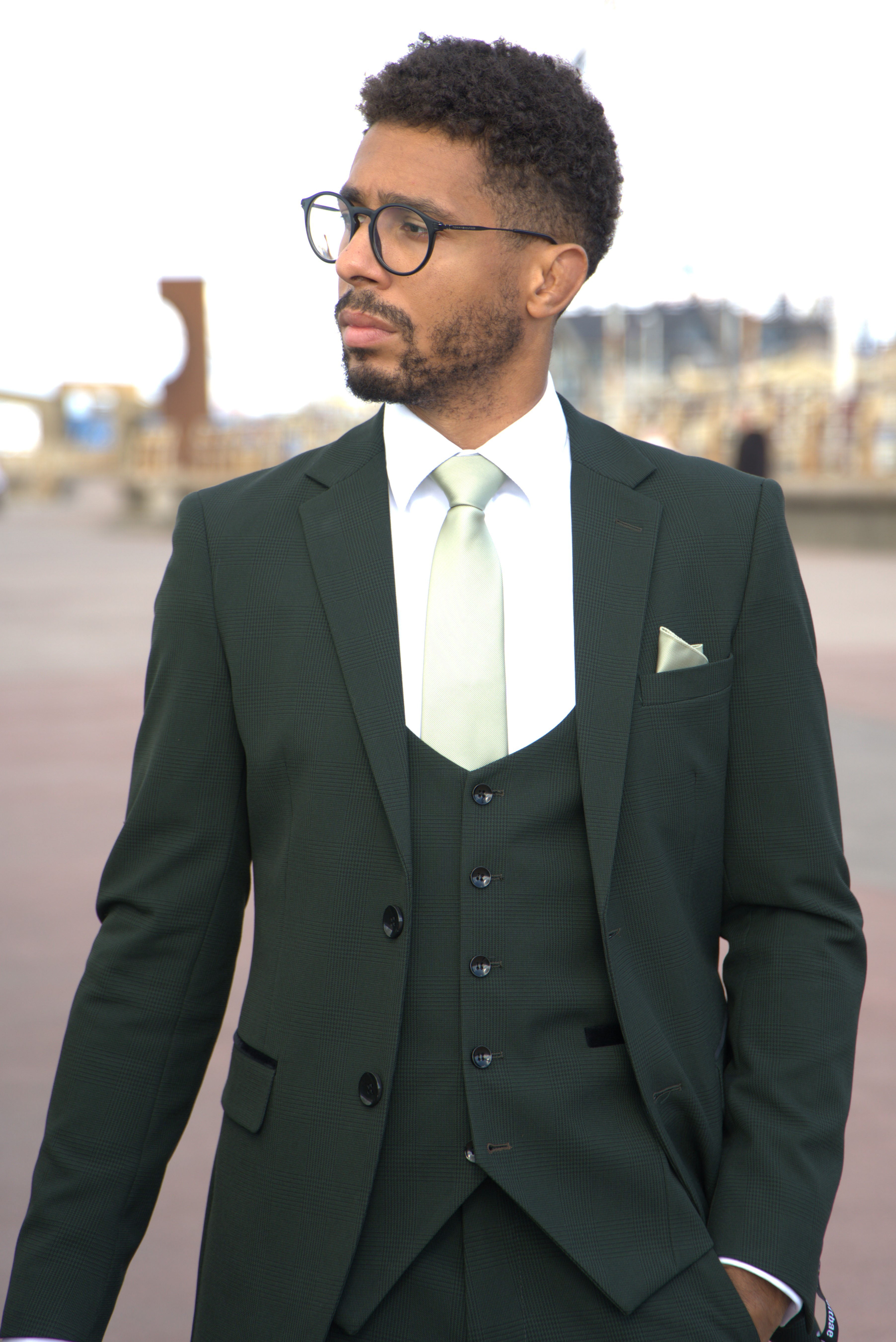 SUITBAE Charles Green Three-Piece Suit featuring a tailored blazer, matching waistcoat and trousers with sage tie and pocket square — ideal for weddings and formal occasions.