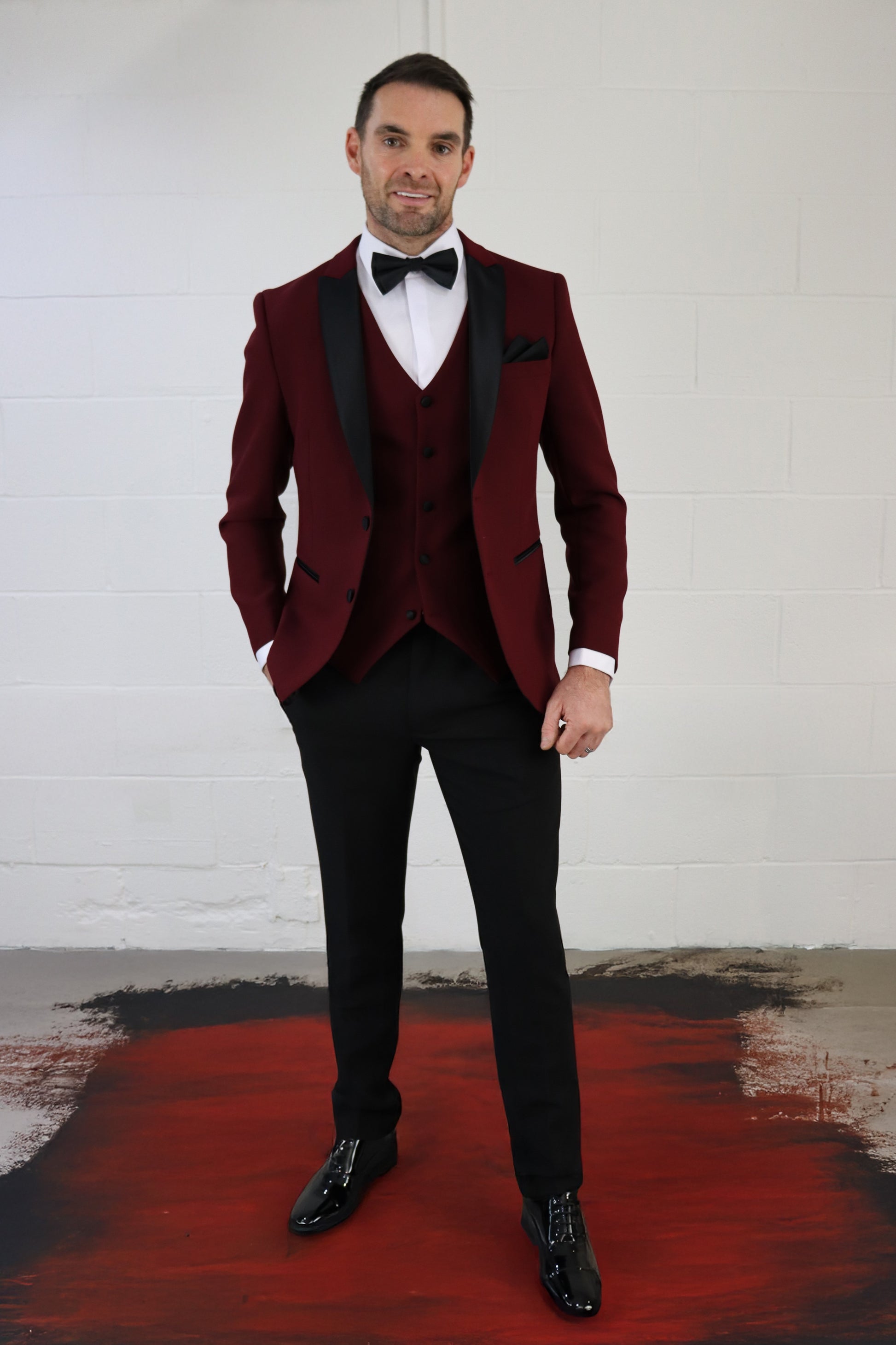 Diablo Blood Red Three-Piece Tuxedo | Striking Black-Tie Style SUITBAE.COM Diablo Blood Red Three-Piece Tuxedo | Striking Black-Tie Style SUITBAE.COM