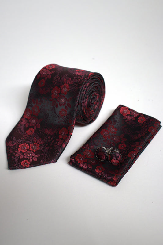 Dark Red Vivid Floral Tie Set