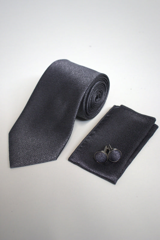 Charcoal Metallic Silver / Grey Textured Tie Set