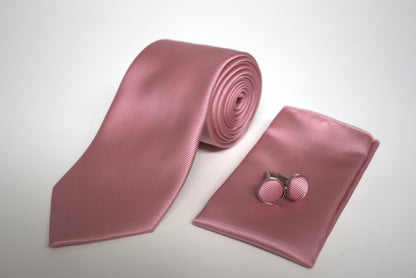 Men’s mauve pink tie gift set including pocket square and cufflinks, ideal for groomsmen, prom and race day outfits