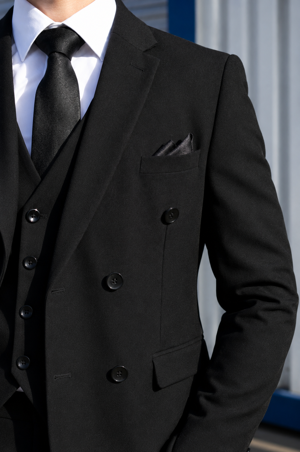 A close-up of a man wearing a black double-breasted suit jacket with a matching vest and tie, paired with a white dress shirt and a black pocket square.
