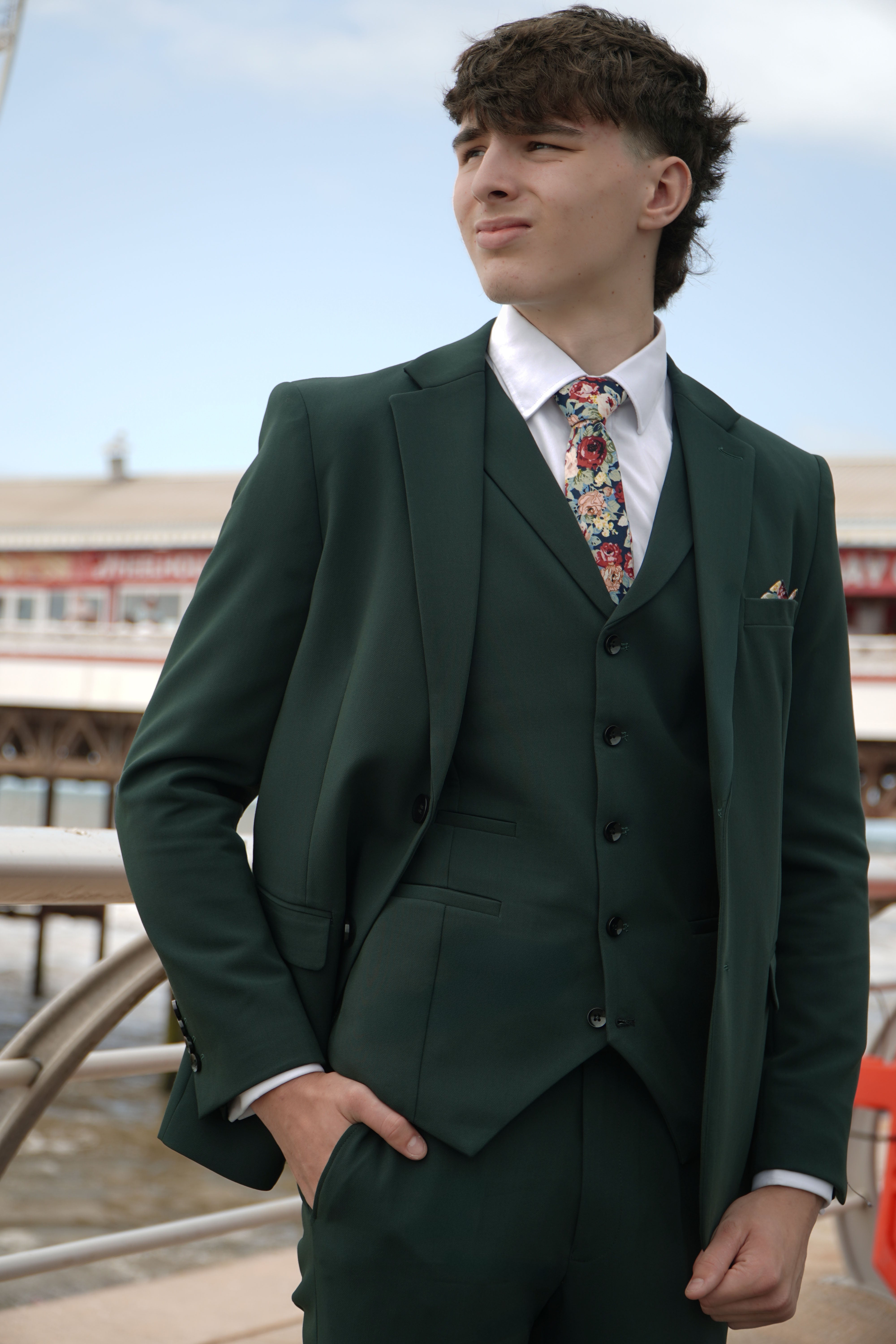 Archie Green Three Piece Suit by SUITBAE – flattering deep green suit for darker skin tones, perfect for weddings and race days 2026.